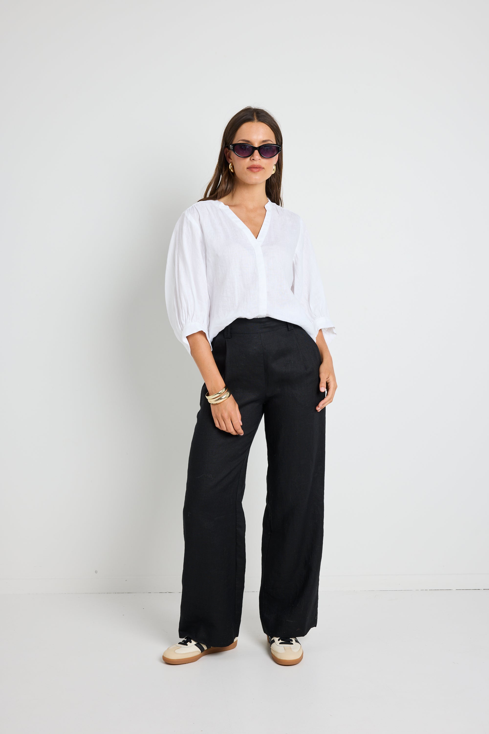Bestow Black Linen Elastic Back Wide Leg Pants