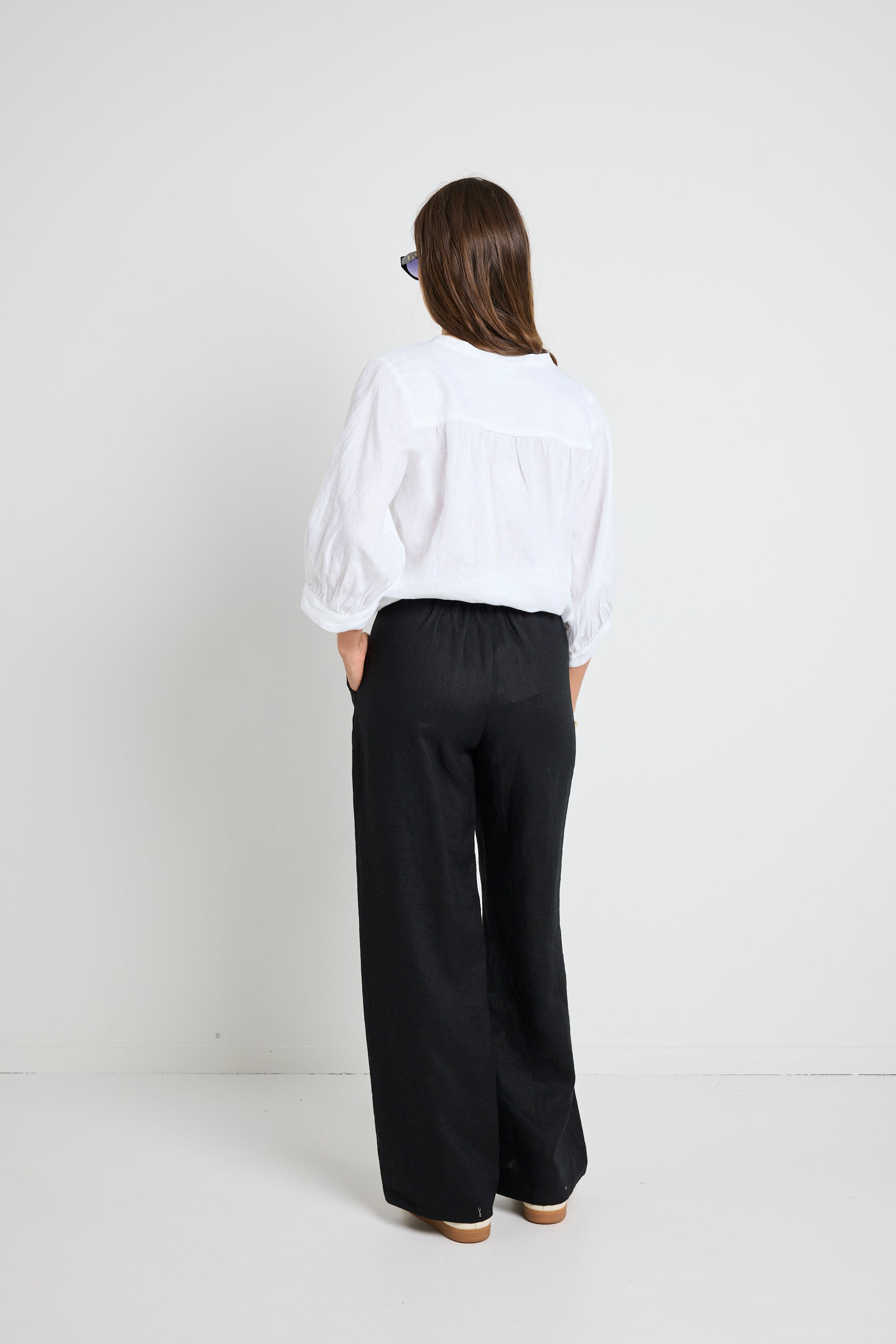 Bestow Black Linen Elastic Back Wide Leg Pants