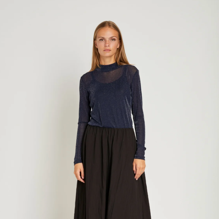 Roll Neck Blouse in Dark Blue Sparkle