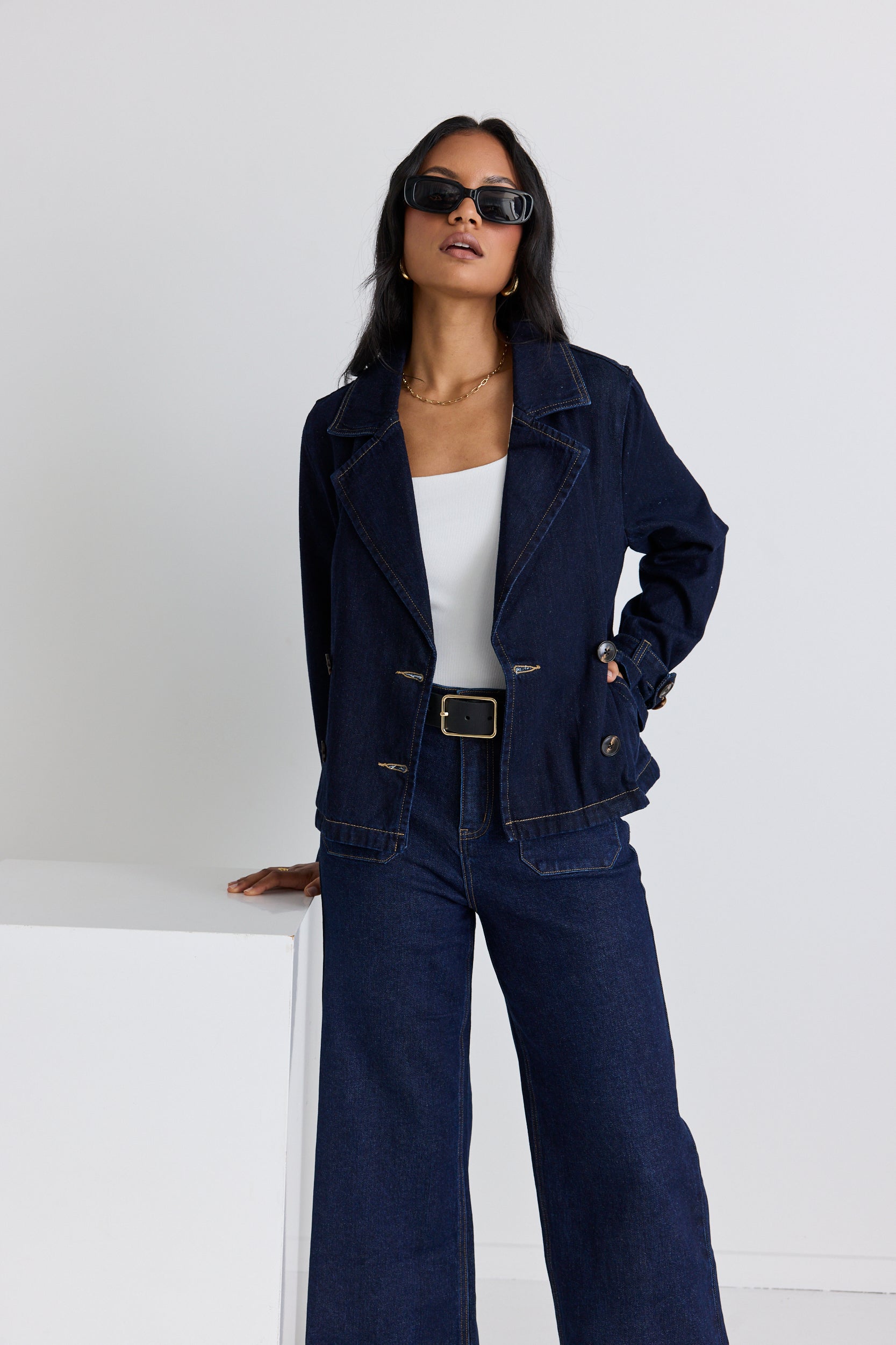 Western Indigo Cropped Denim Trench Coat