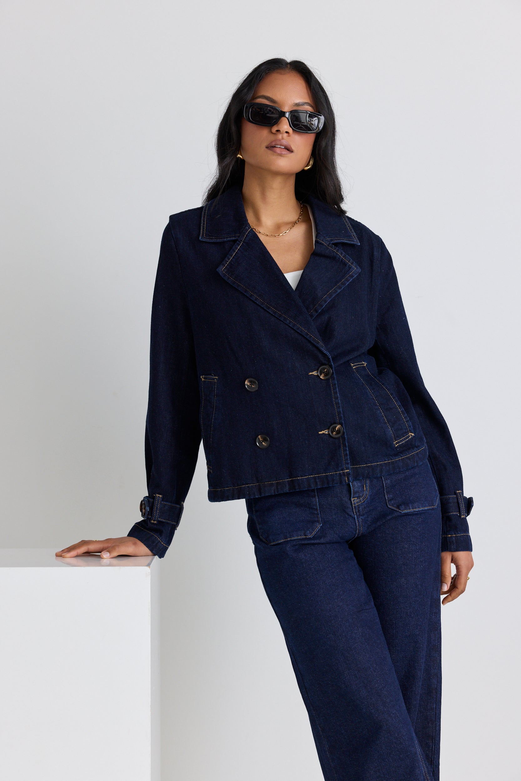 Western Indigo Cropped Denim Trench Coat