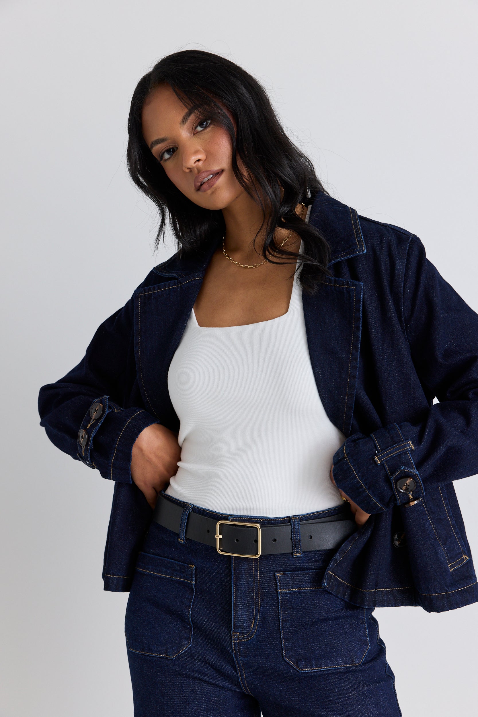 Western Indigo Cropped Denim Trench Coat