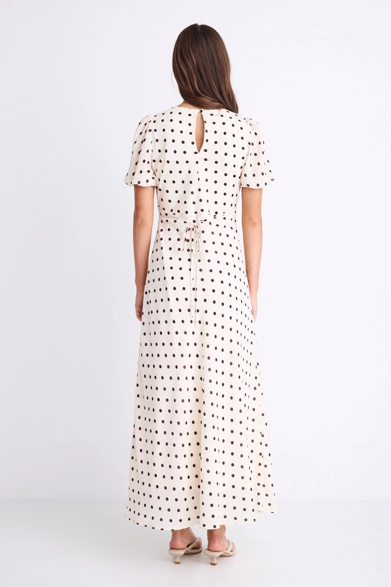 Amora Cream Chocolate Polka Dot Bias Midi Dress