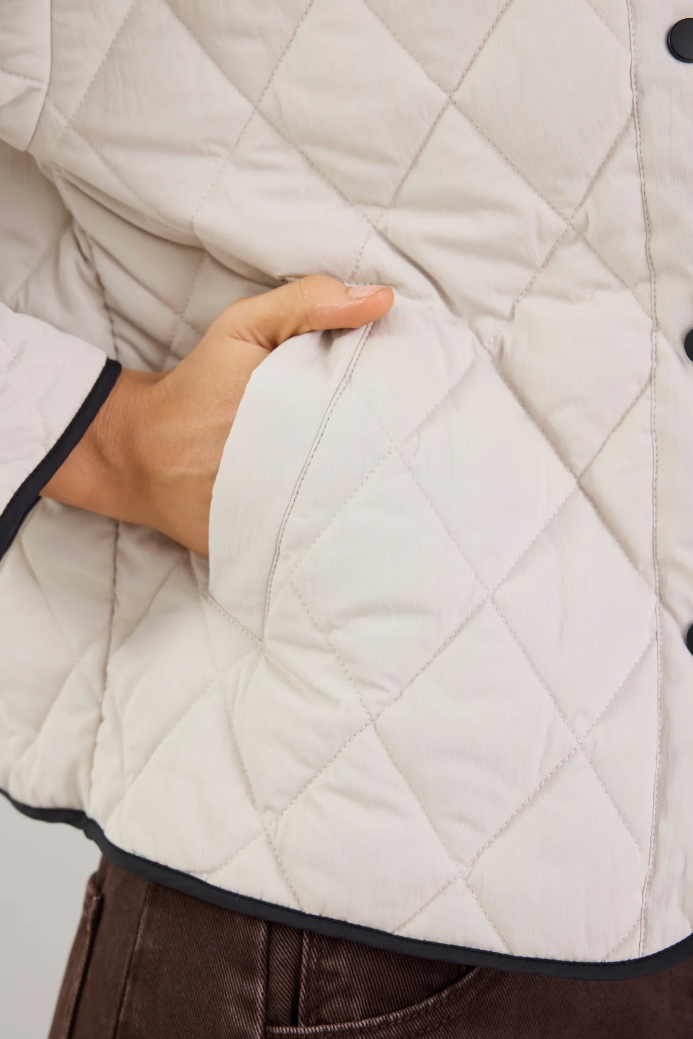 Apex Bone Collarless Quilted Contrast Piping Puffer Jacket. Stories Be Told