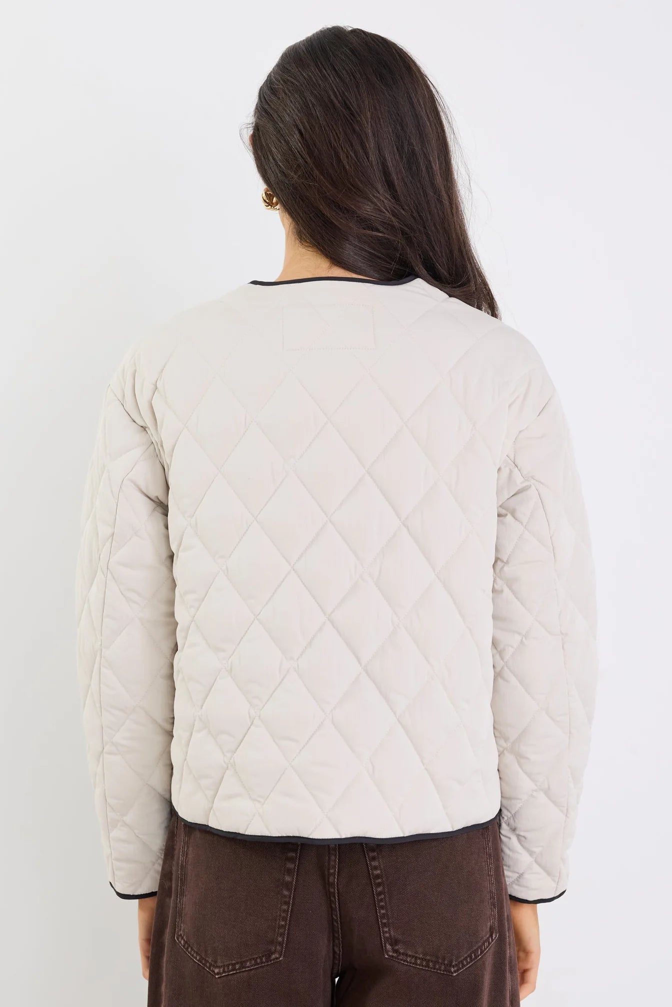 Apex Bone Collarless Quilted Contrast Piping Puffer Jacket. Stories Be Told