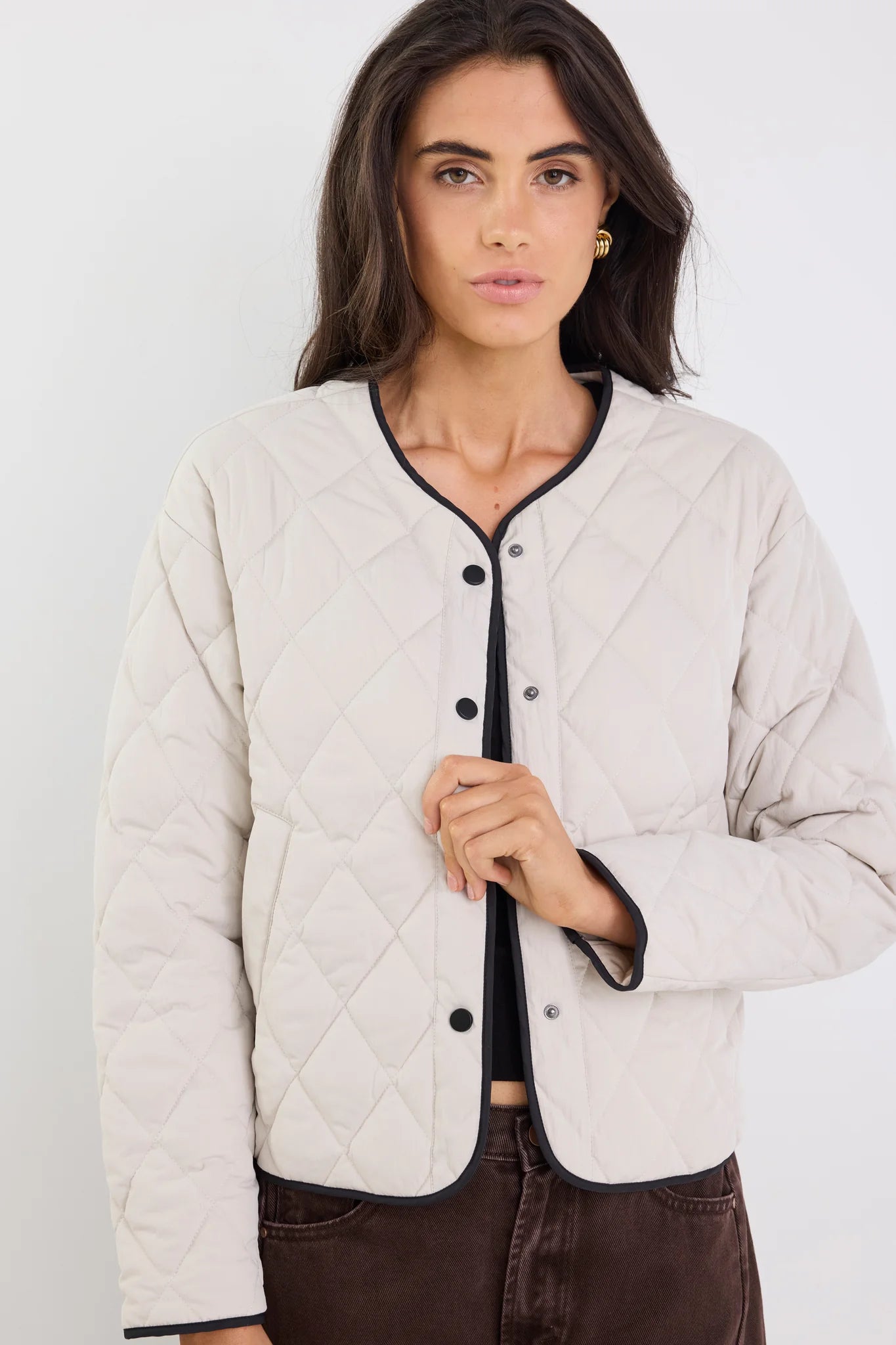 Apex Bone Collarless Quilted Contrast Piping Puffer Jacket. Stories Be Told