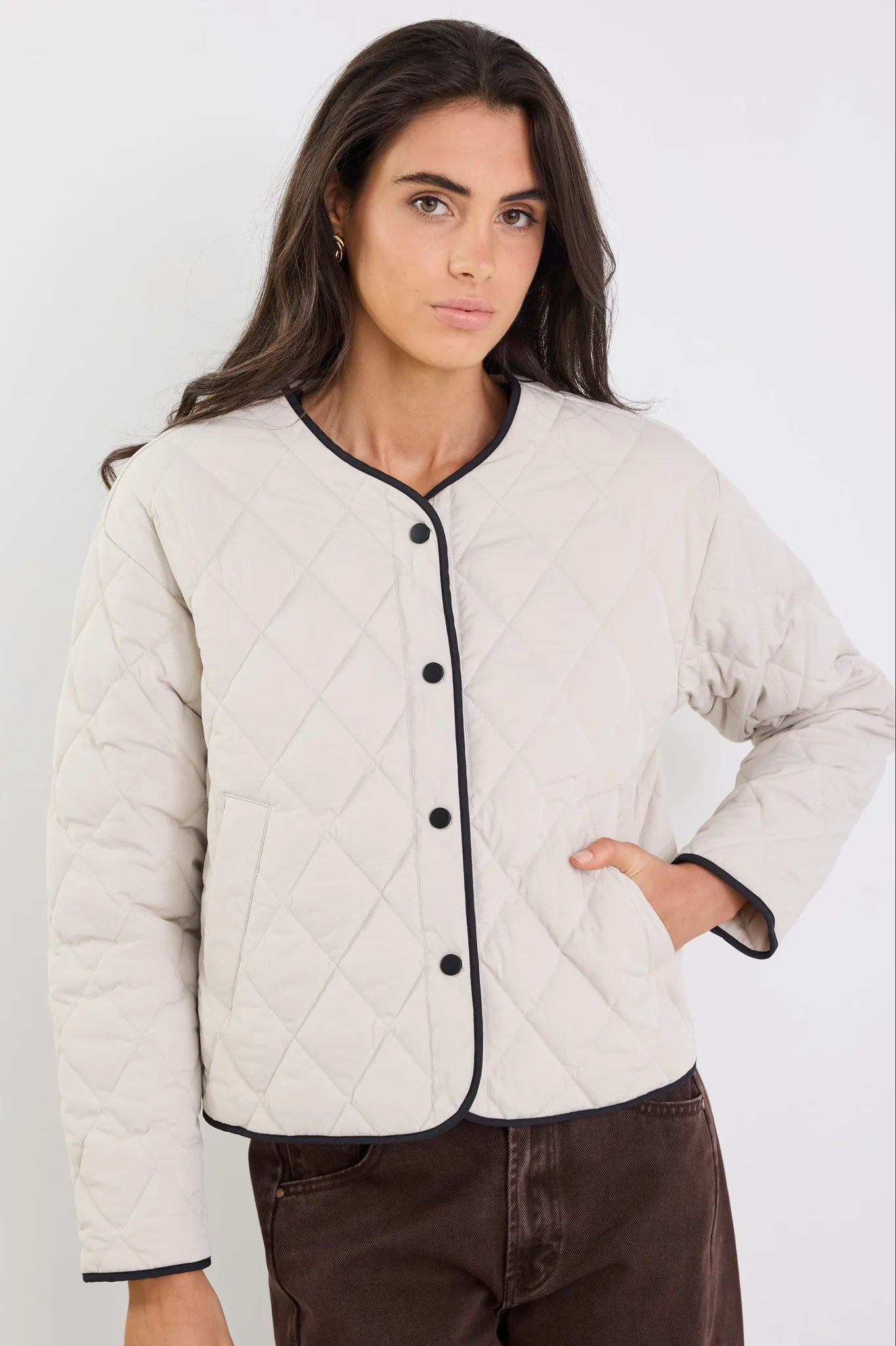 Apex Bone Collarless Quilted Contrast Piping Puffer Jacket. Stories Be Told