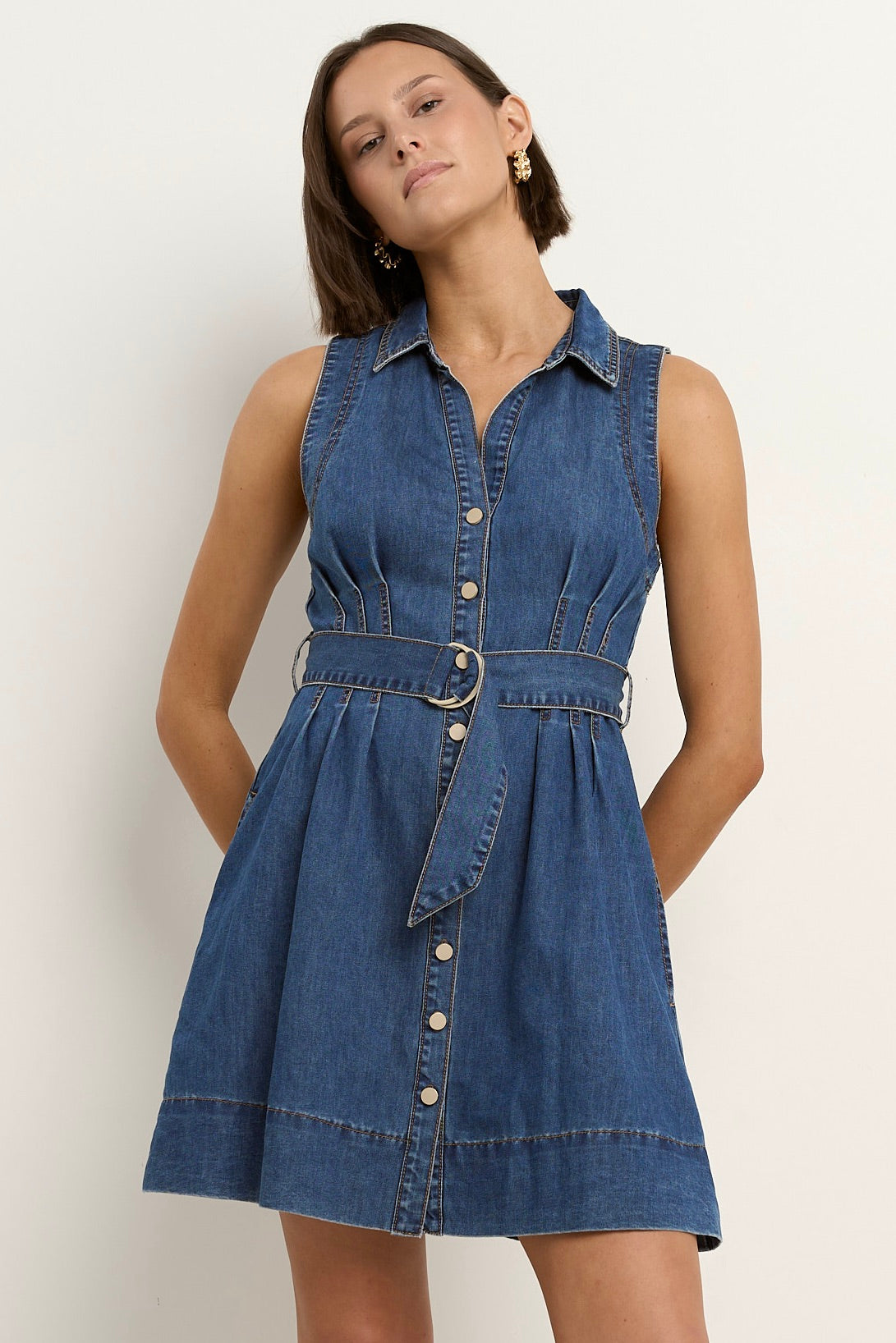 Archer Storm Blue Denim Sleeveless Mini Shirt Dress