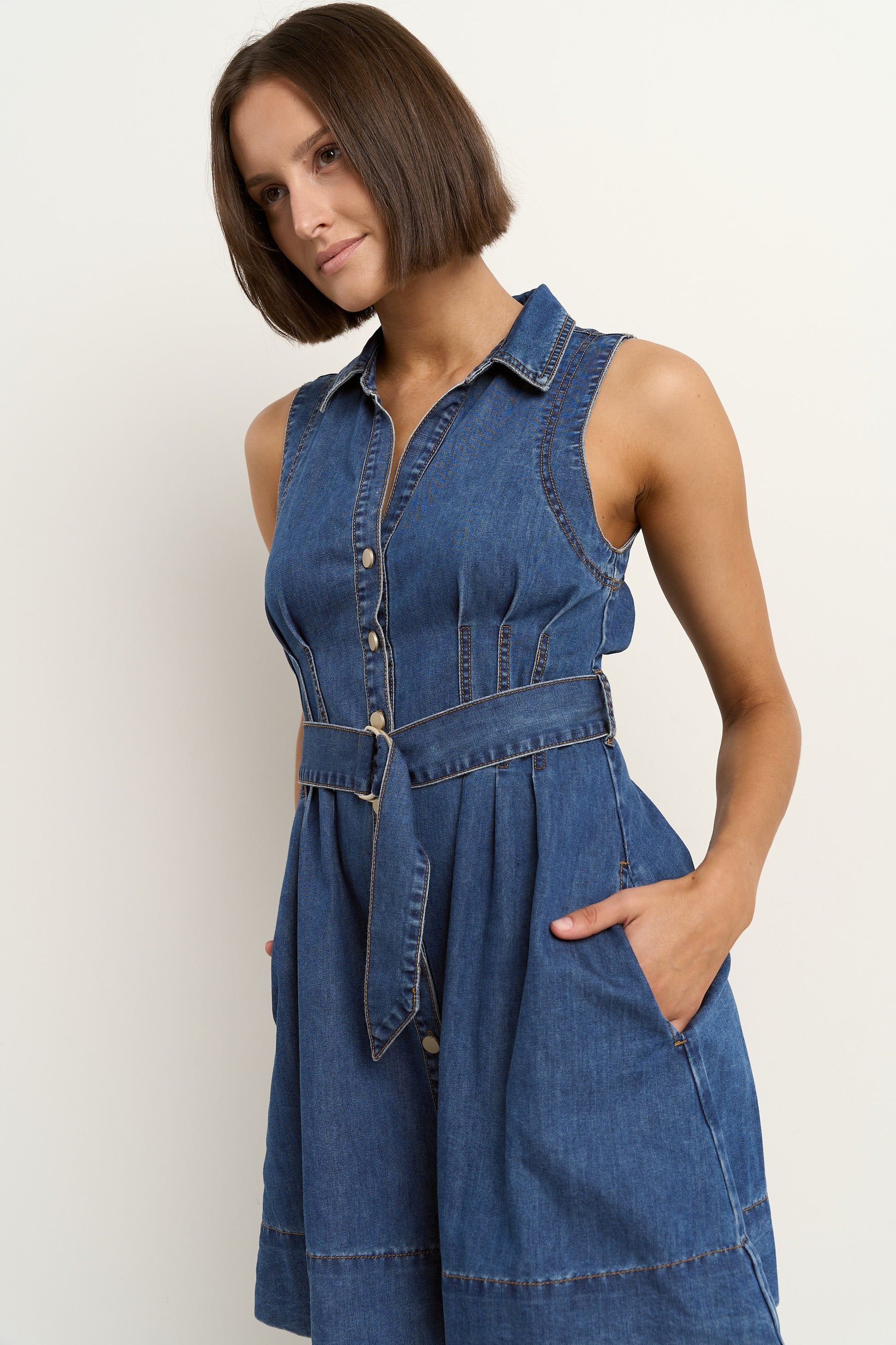 Archer Storm Blue Denim Sleeveless Mini Shirt Dress