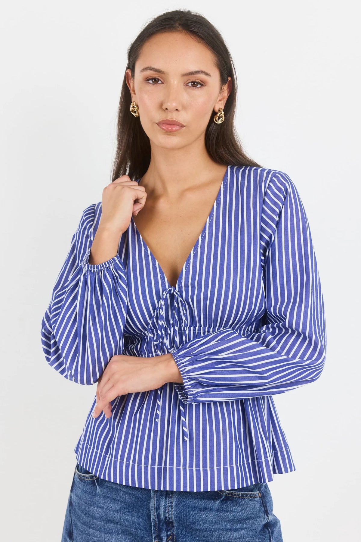 Belief Blue Stripe V Neck Top Blue Stripe