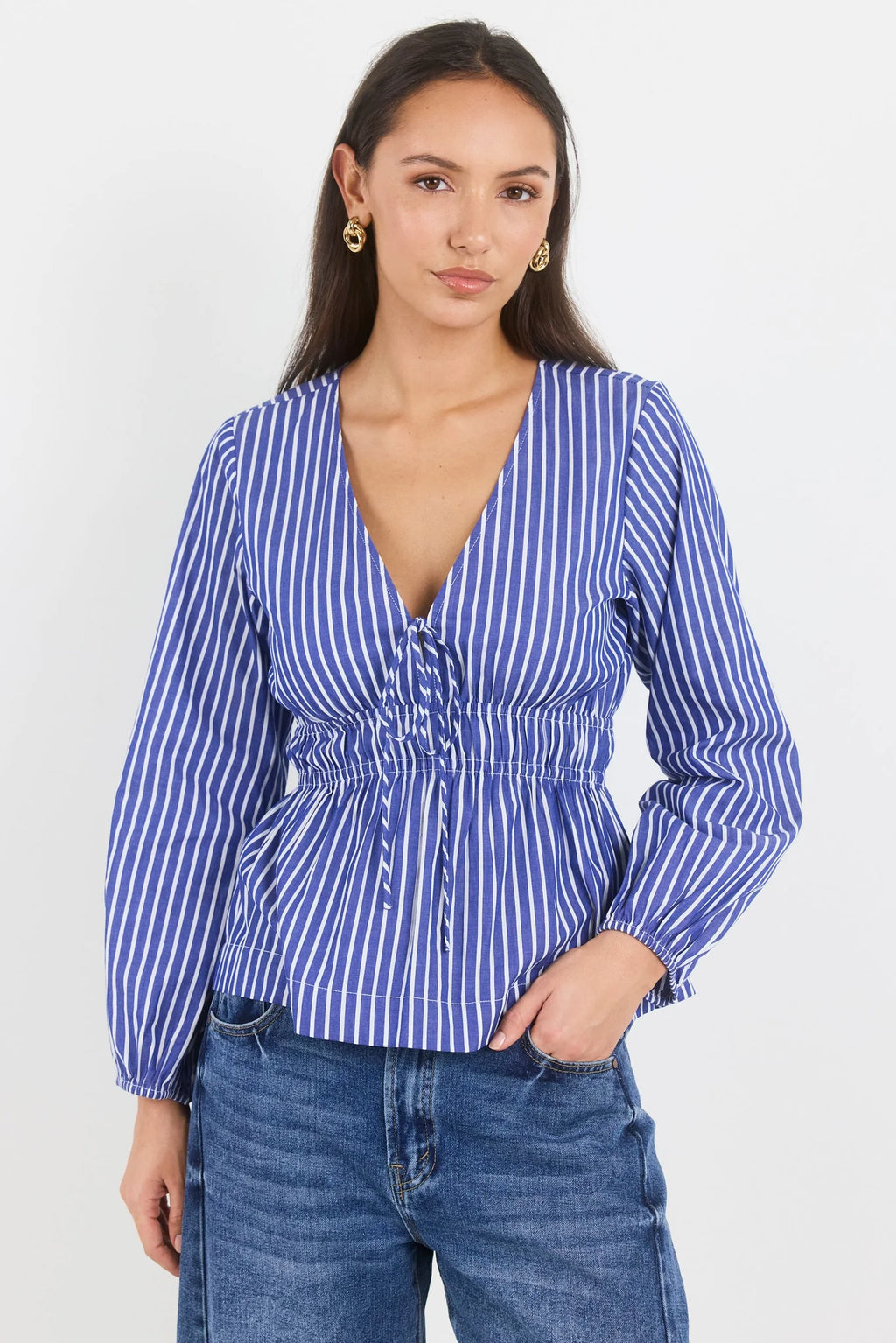 Belief Blue Stripe V Neck Top Blue Stripe
