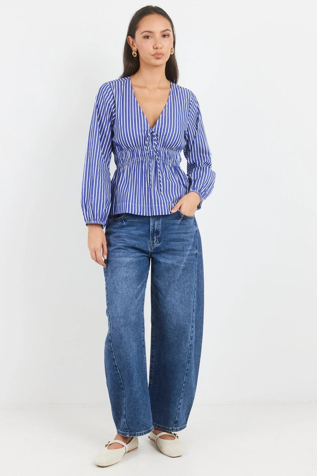 Belief Blue Stripe V Neck Top Blue Stripe