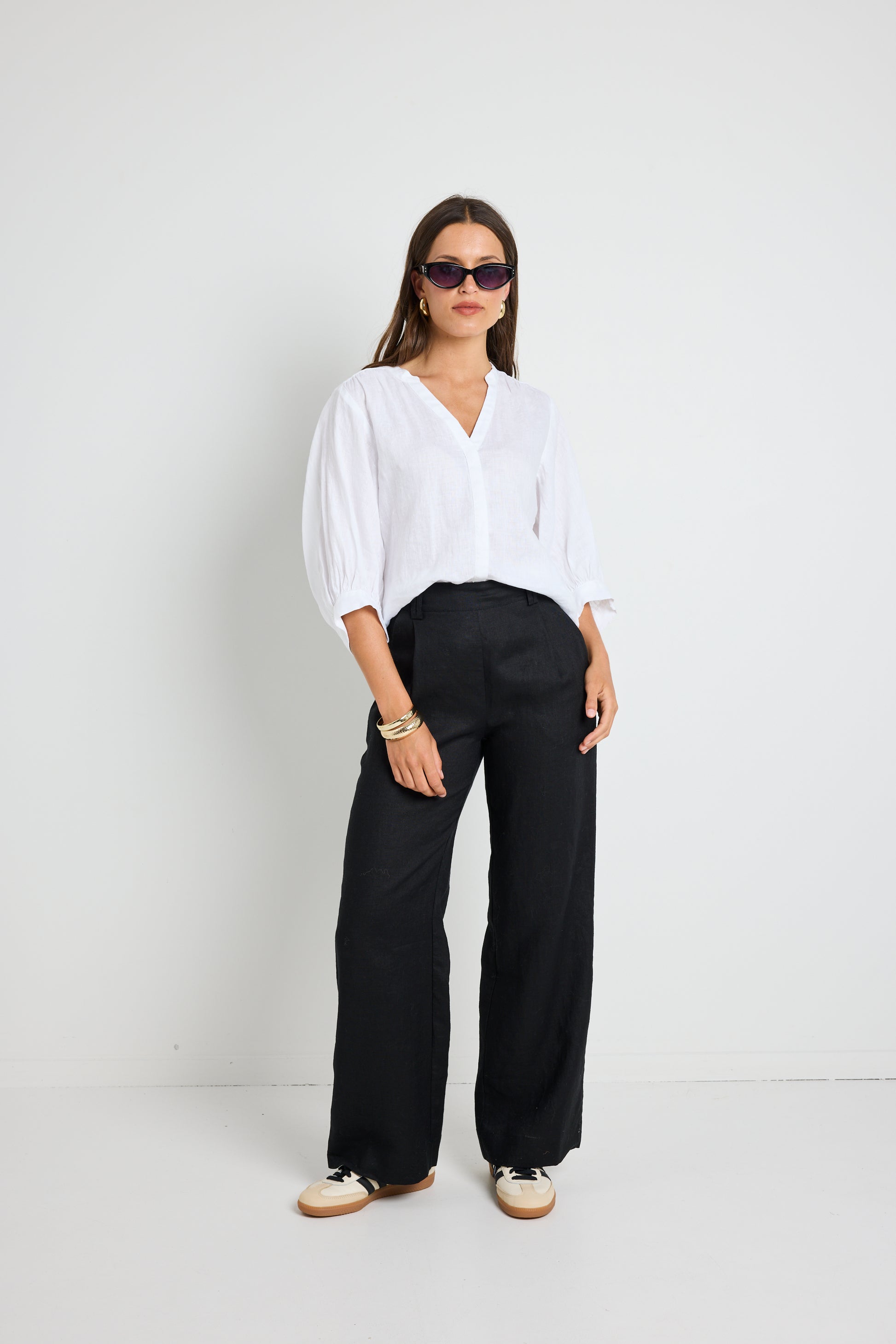 Bestow Black Linen Elastic Back Wide Leg Pants