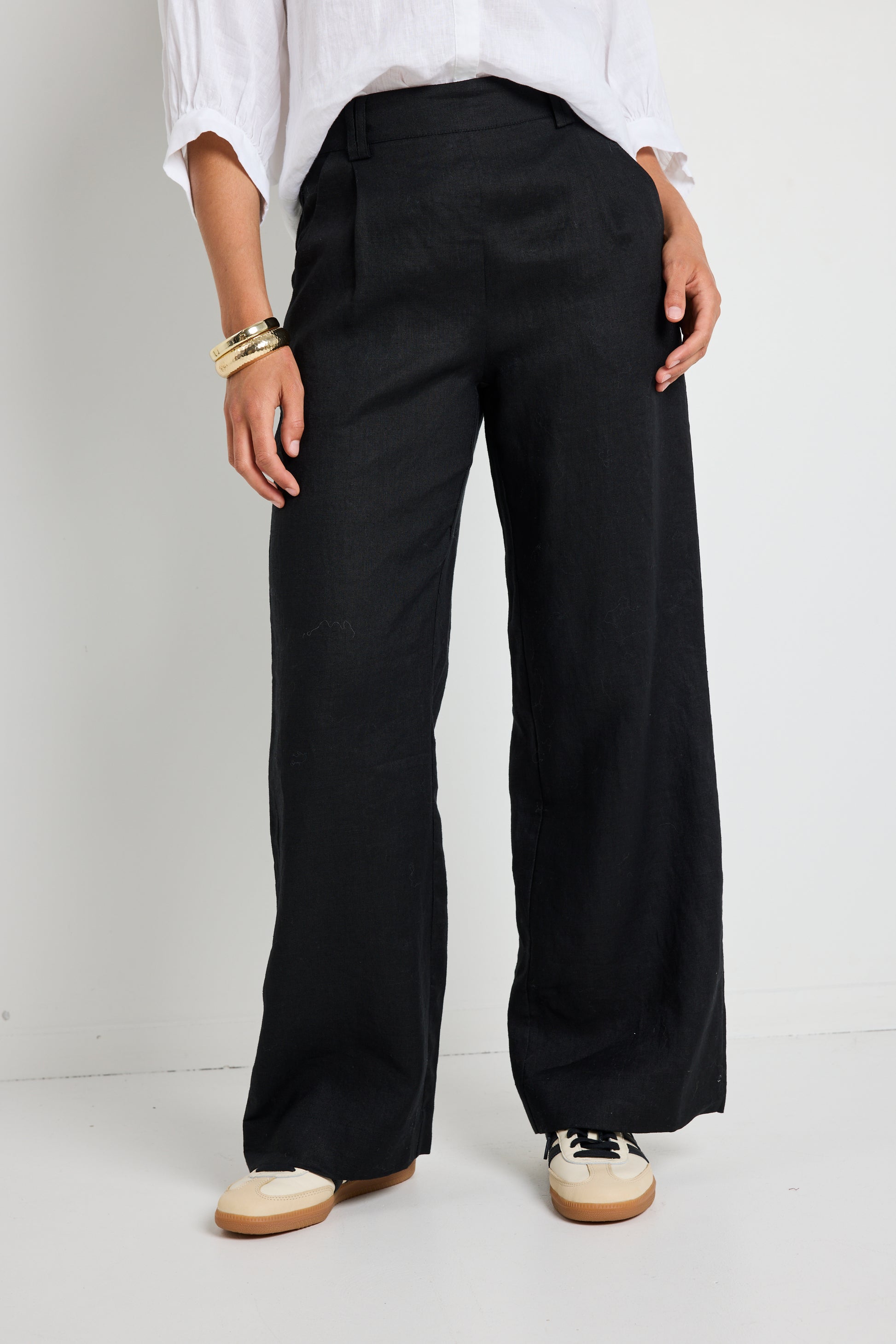 Bestow Black Linen Elastic Back Wide Leg Pants