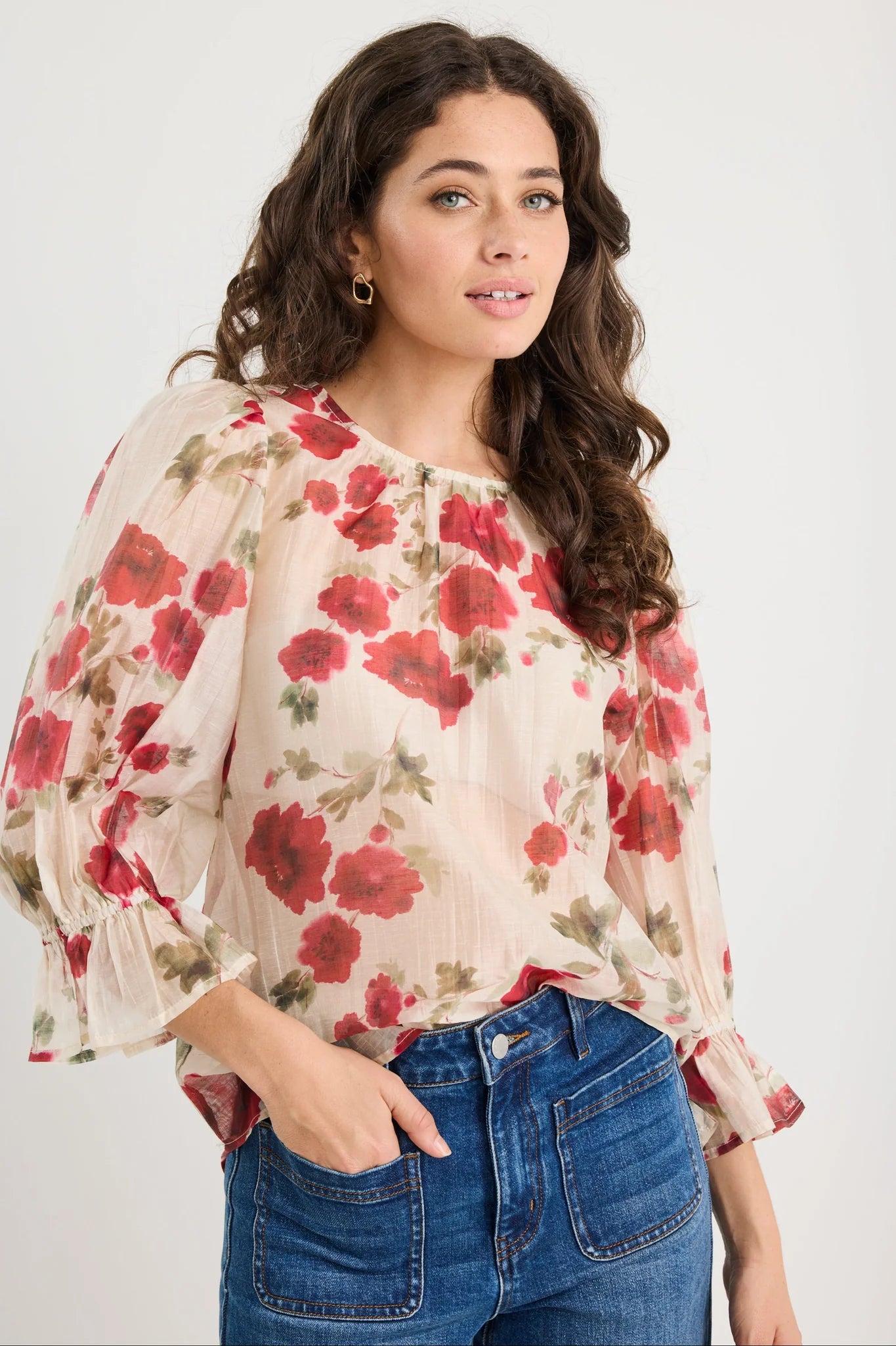 Candid Cream Red Rose Mid Sleeve Top.  Ivy+jack