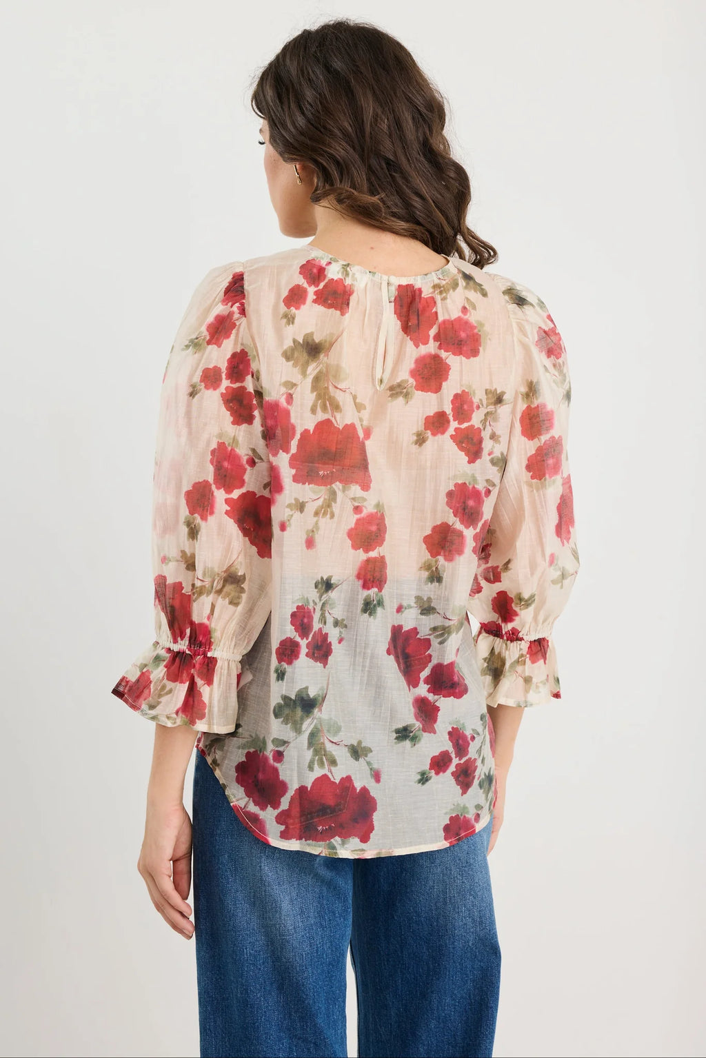 Candid Cream Red Rose Mid Sleeve Top.  Ivy+jack