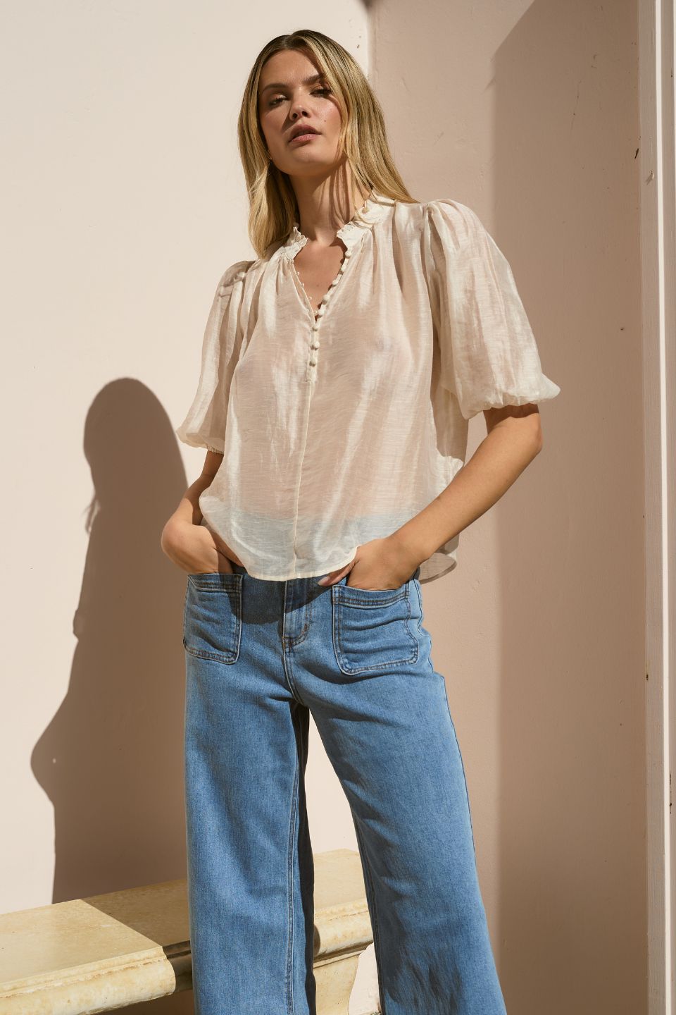 Closure Ivory Sheer High Neck Buttoned SS Top