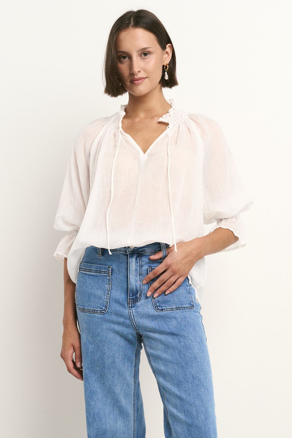 Closure Ivory Sheer High Neck Buttoned SS Top