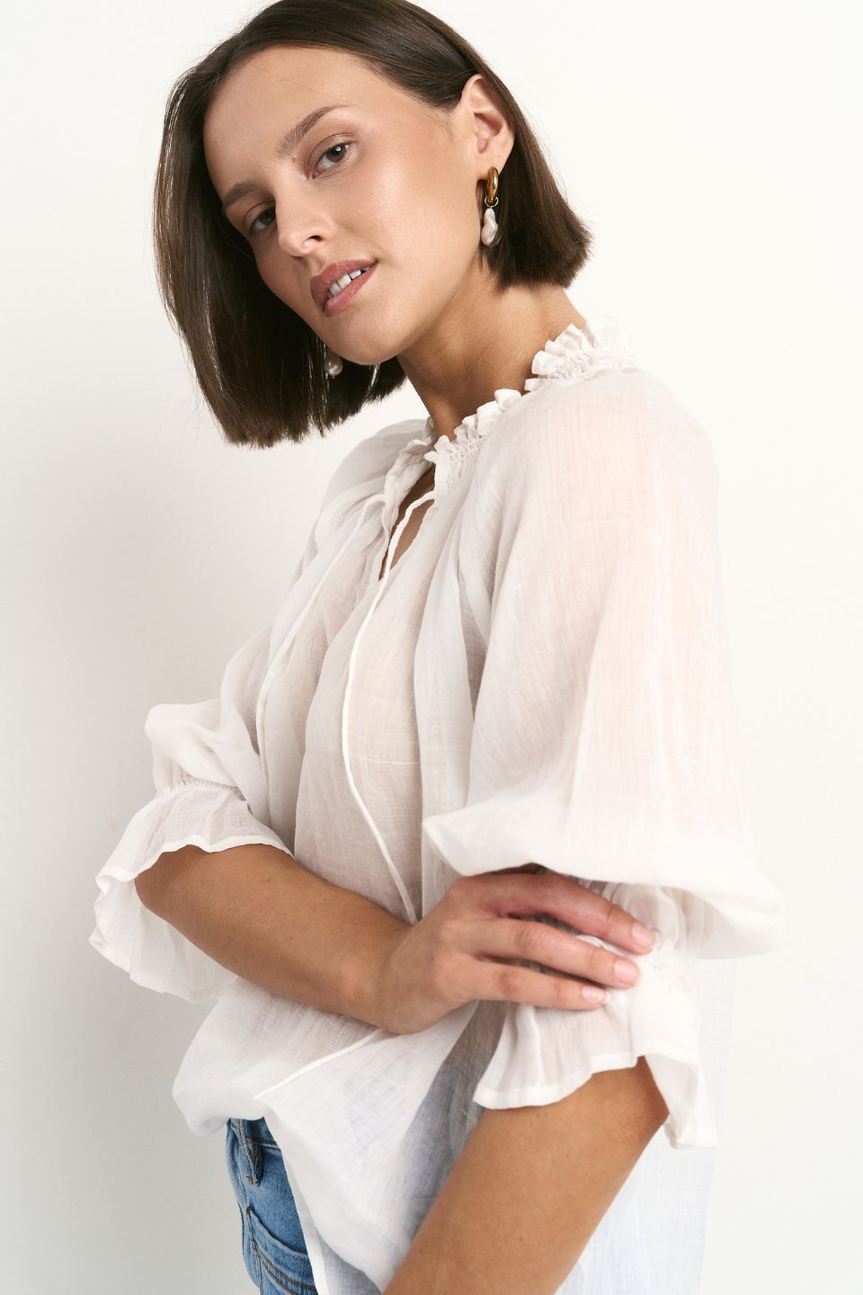 Closure Ivory Sheer High Neck Buttoned SS Top
