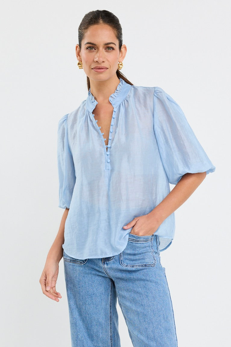Closure Pale Blue Sheer High Neck Buttoned SS Top