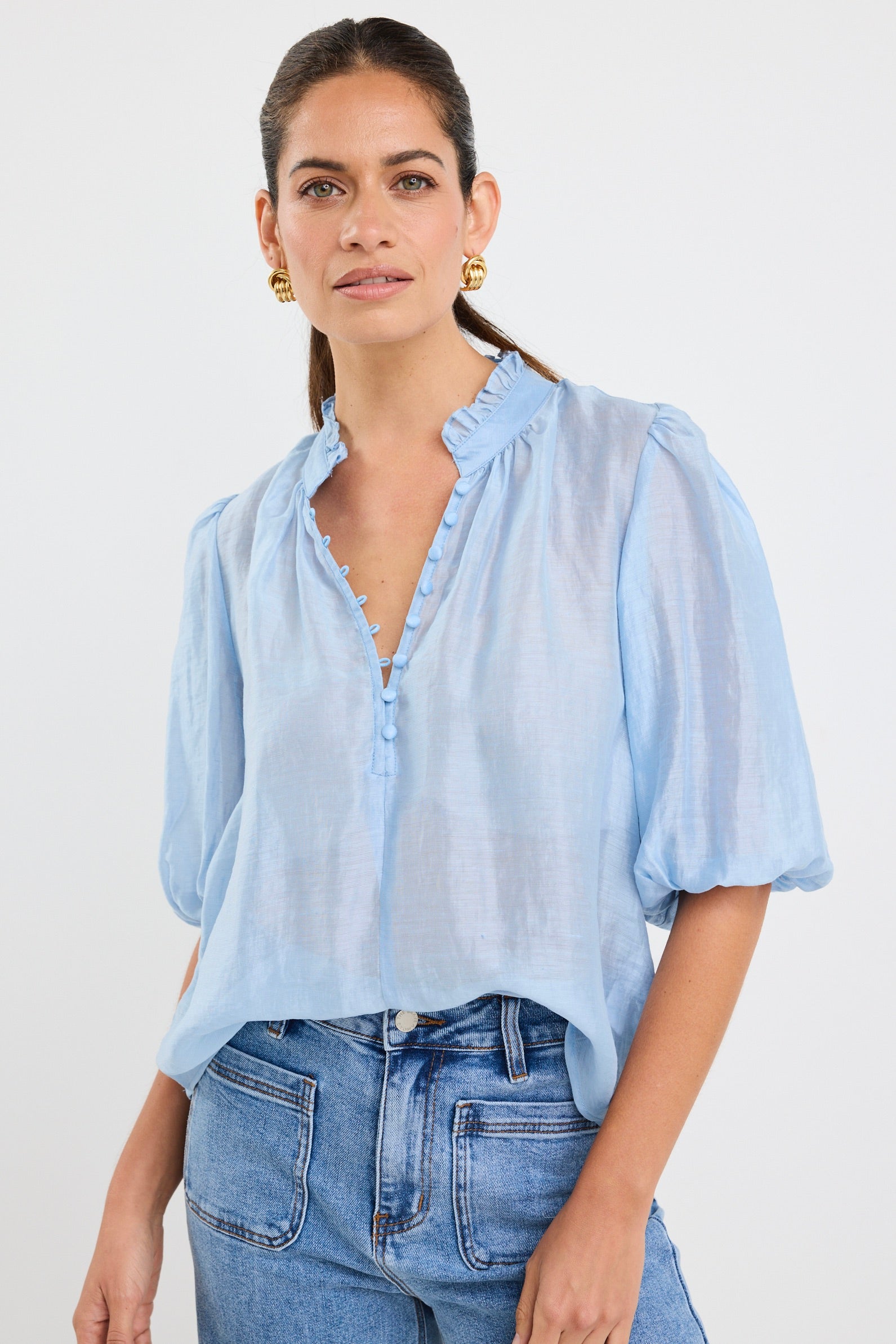 Closure Pale Blue Sheer High Neck Buttoned SS Top
