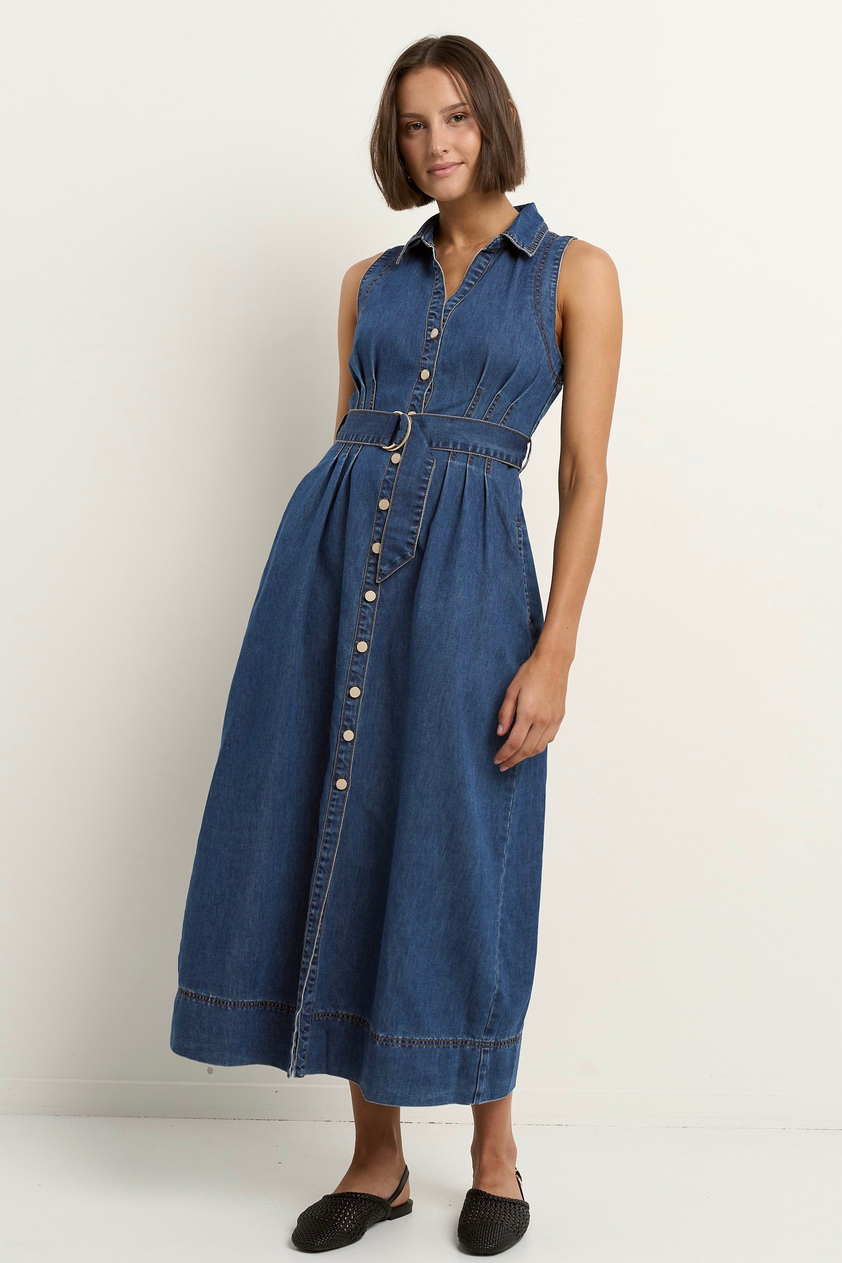Crescent Storm Blue Denim Sleeveless Midi Shirt Dress