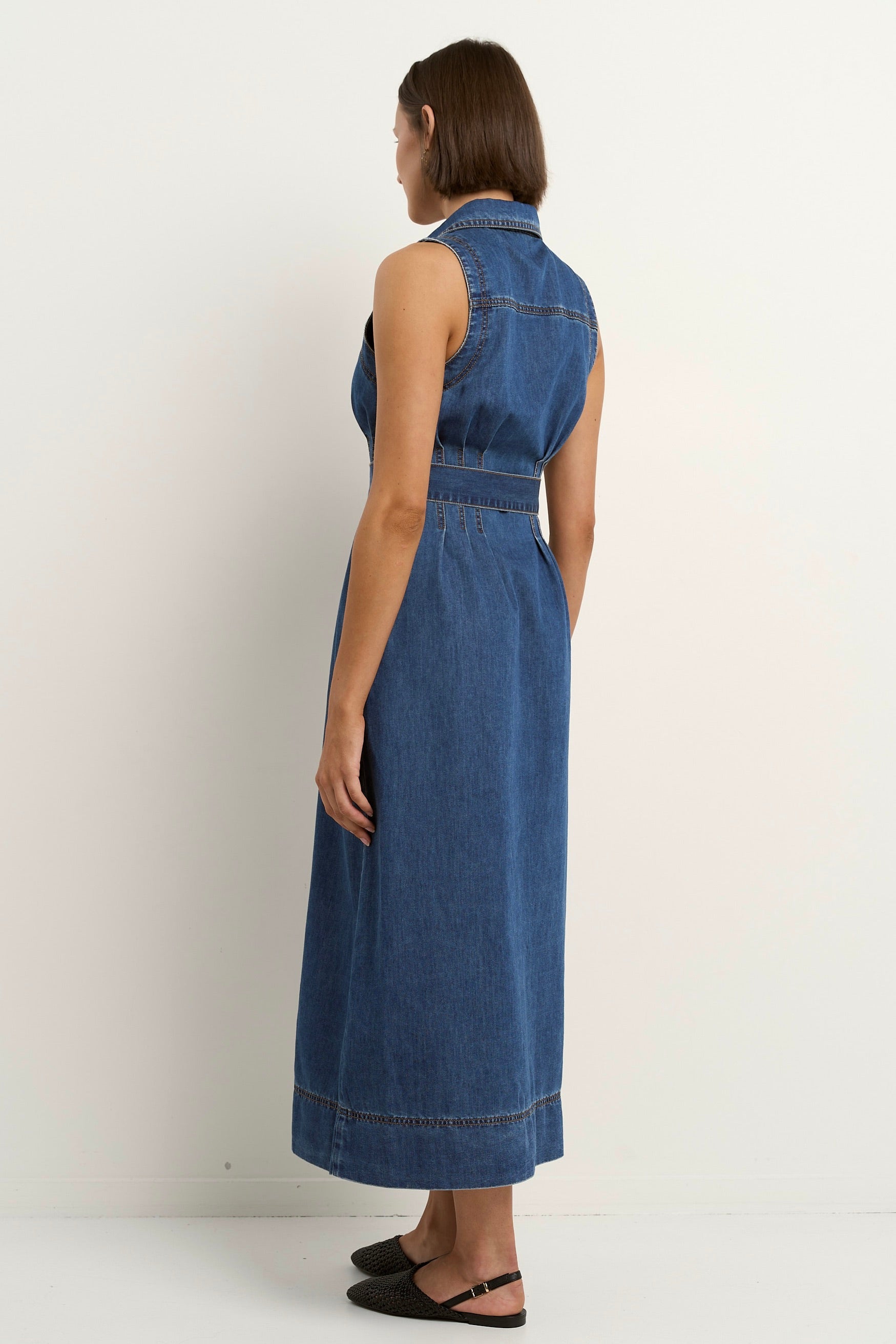Crescent Storm Blue Denim Sleeveless Midi Shirt Dress