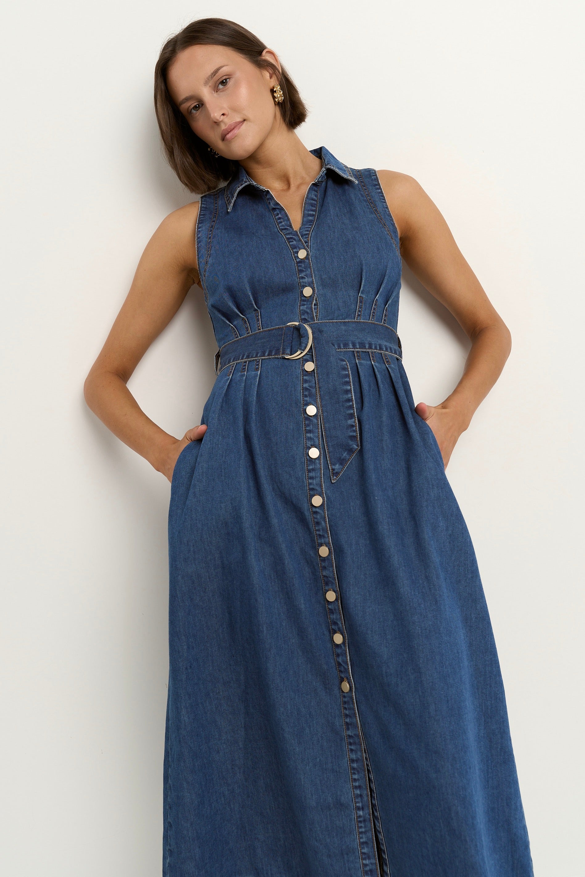 Crescent Storm Blue Denim Sleeveless Midi Shirt Dress