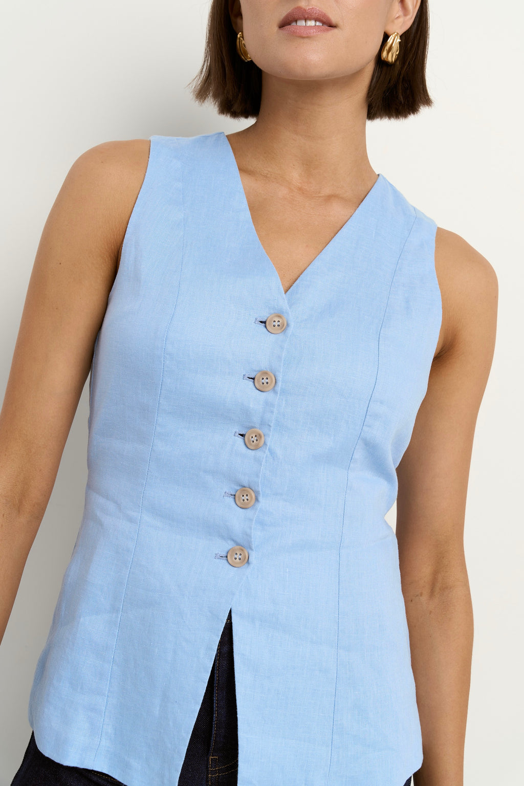 Eiffel Pale Blue Linen Fitted Longline Vest