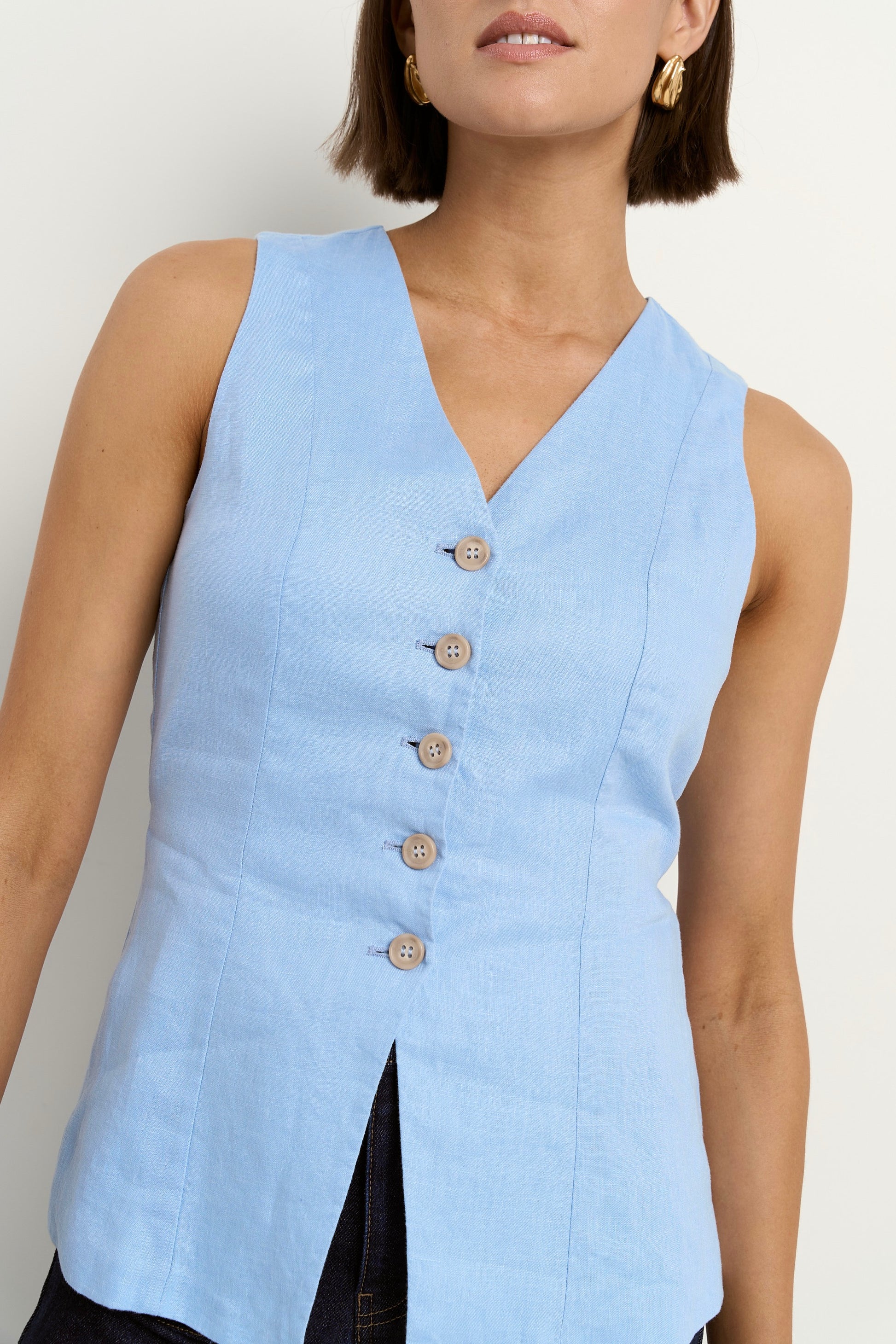Eiffel Pale Blue Linen Fitted Longline Vest