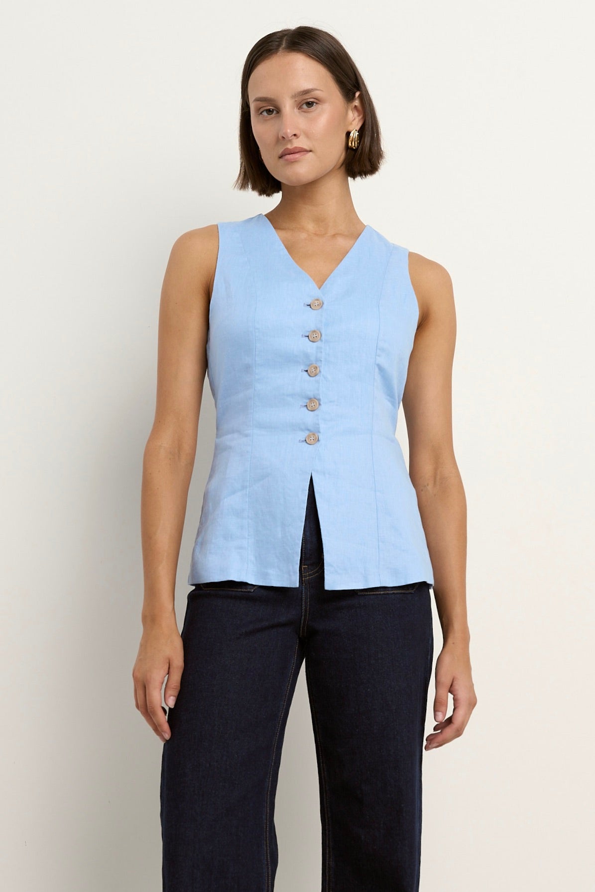 Eiffel Pale Blue Linen Fitted Longline Vest