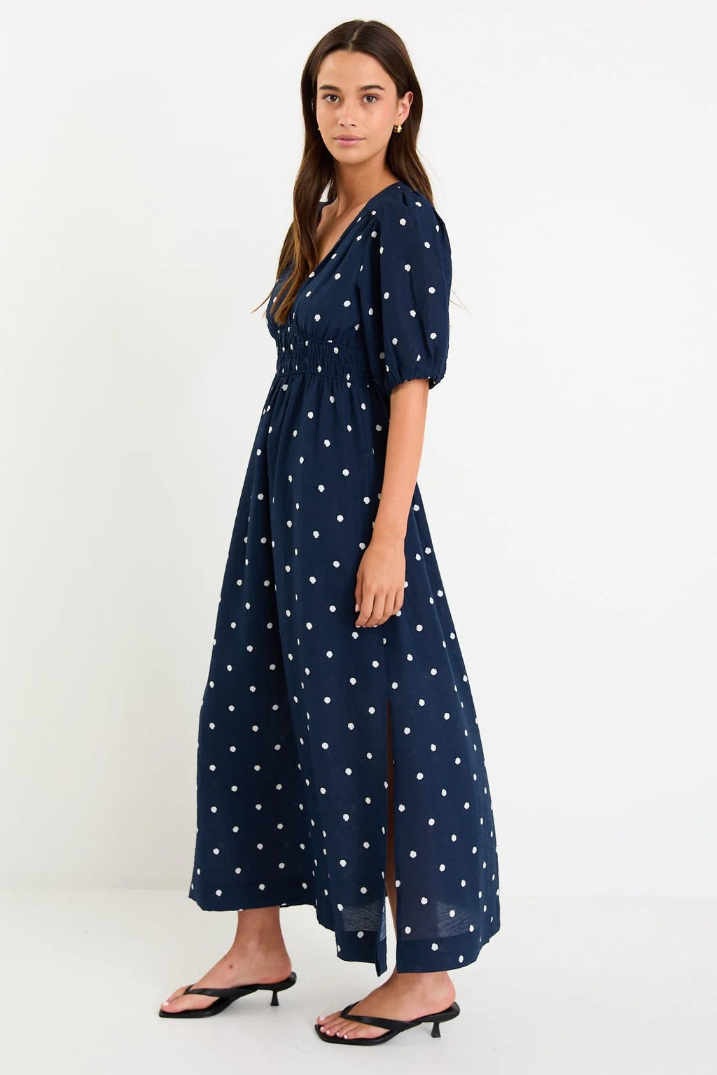 Eloquent Navy Polka Dot Flutter Sleeve Maxu Dress