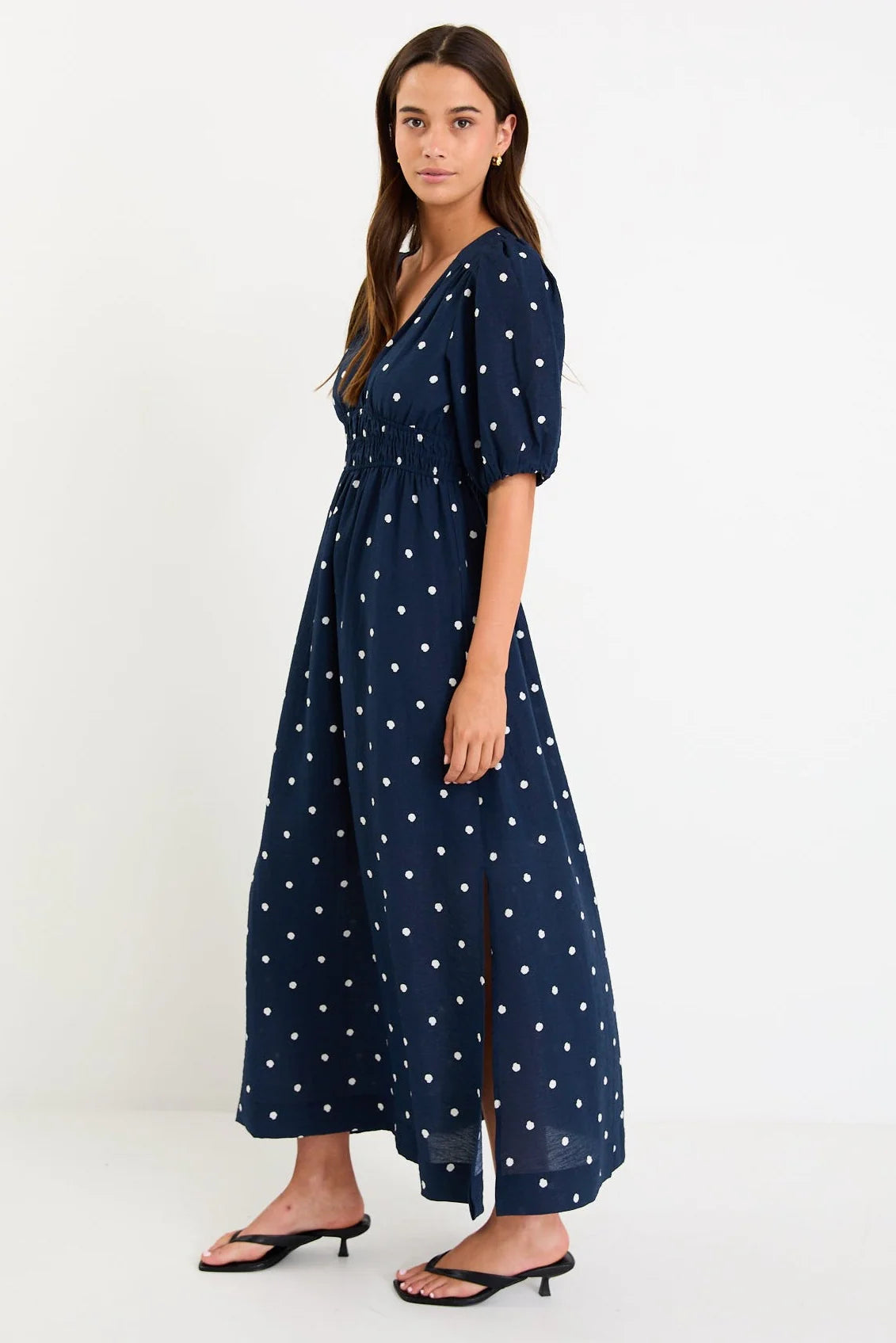 Eloquent Navy Polka Dot Flutter Sleeve Maxu Dress