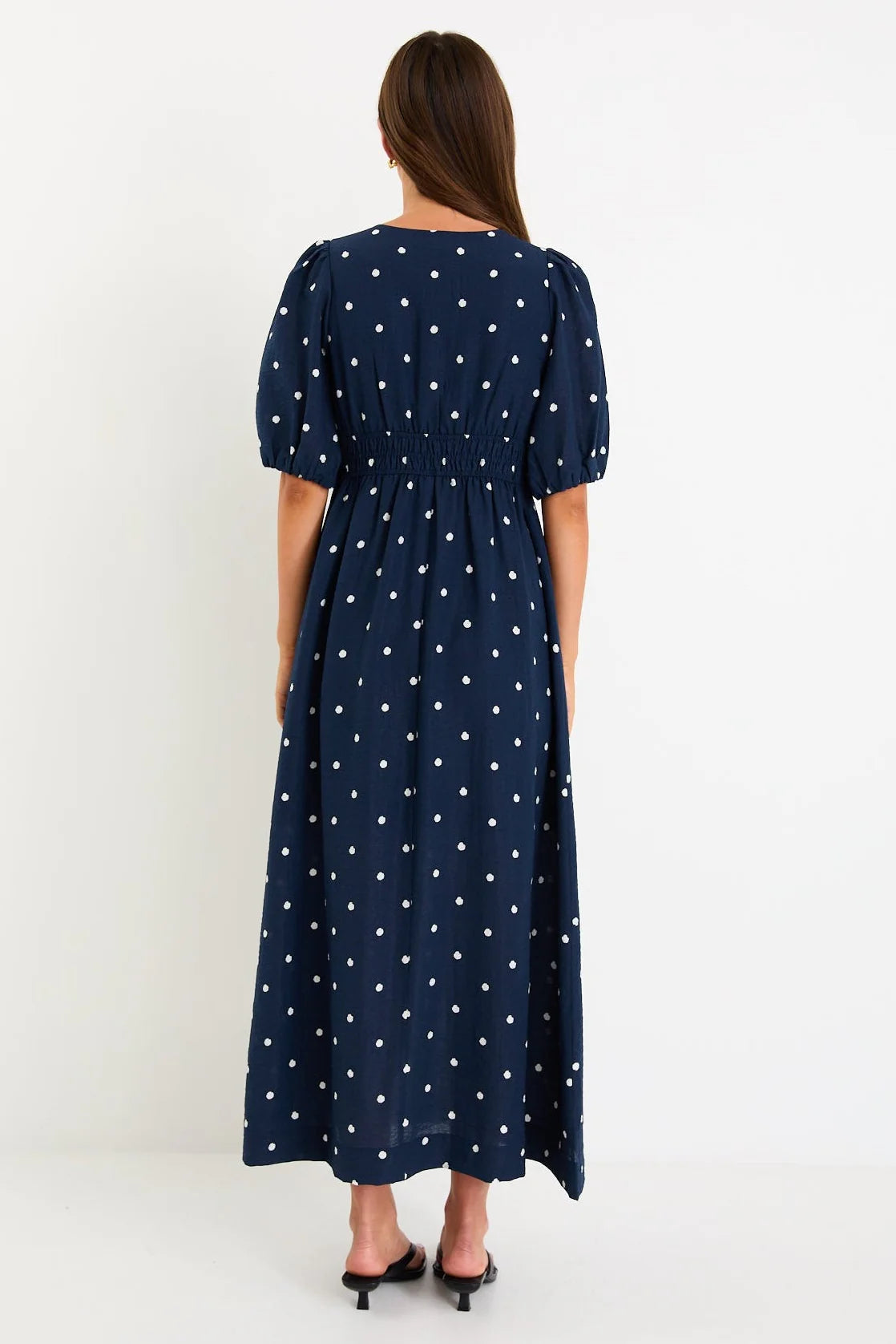 Eloquent Navy Polka Dot Flutter Sleeve Maxu Dress