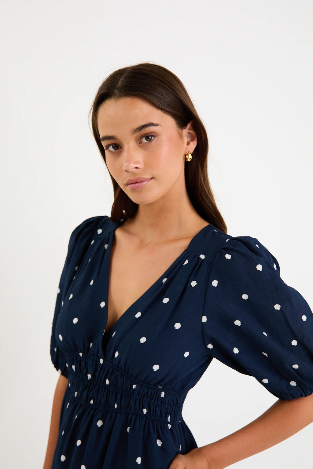 Eloquent Navy Polka Dot Flutter Sleeve Maxu Dress