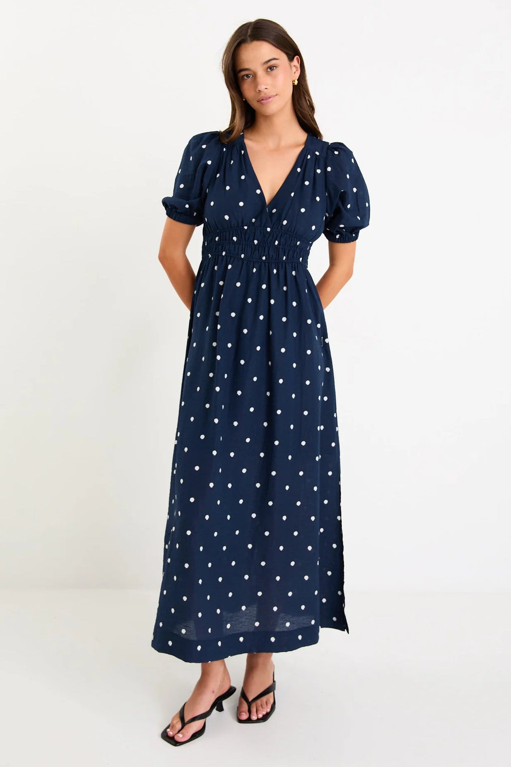 Eloquent Navy Polka Dot Flutter Sleeve Maxu Dress