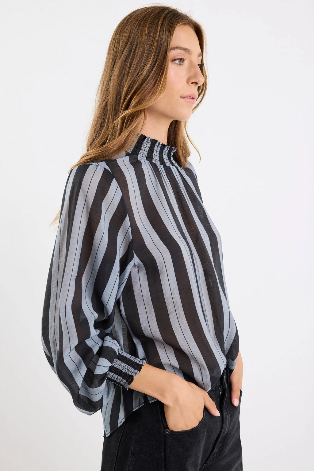 Embrace Gey Stripe Shirred Neck Top. Among the Brave