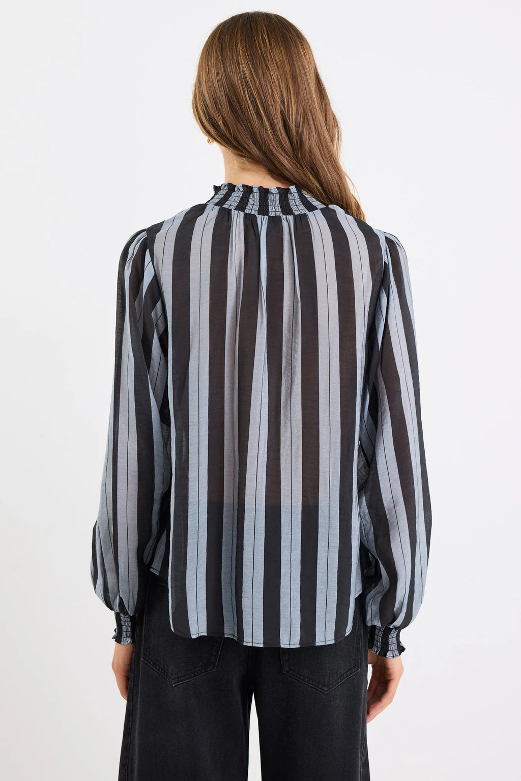 Embrace Gey Stripe Shirred Neck Top. Among the Brave