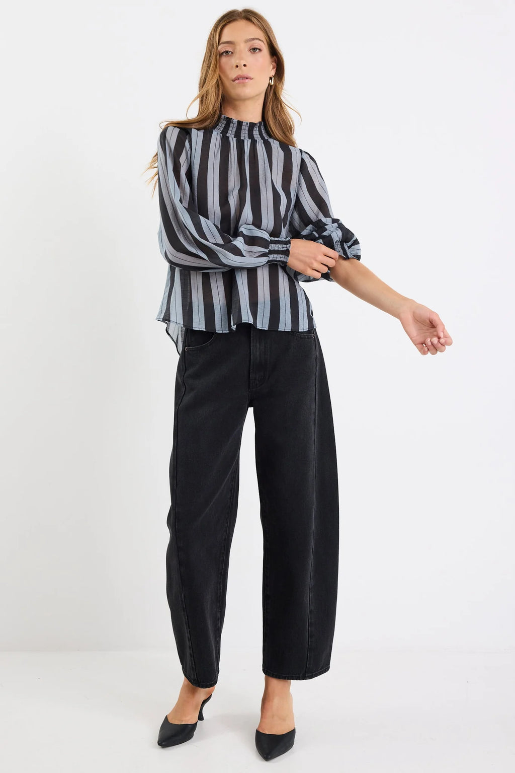 Embrace Gey Stripe Shirred Neck Top. Among the Brave