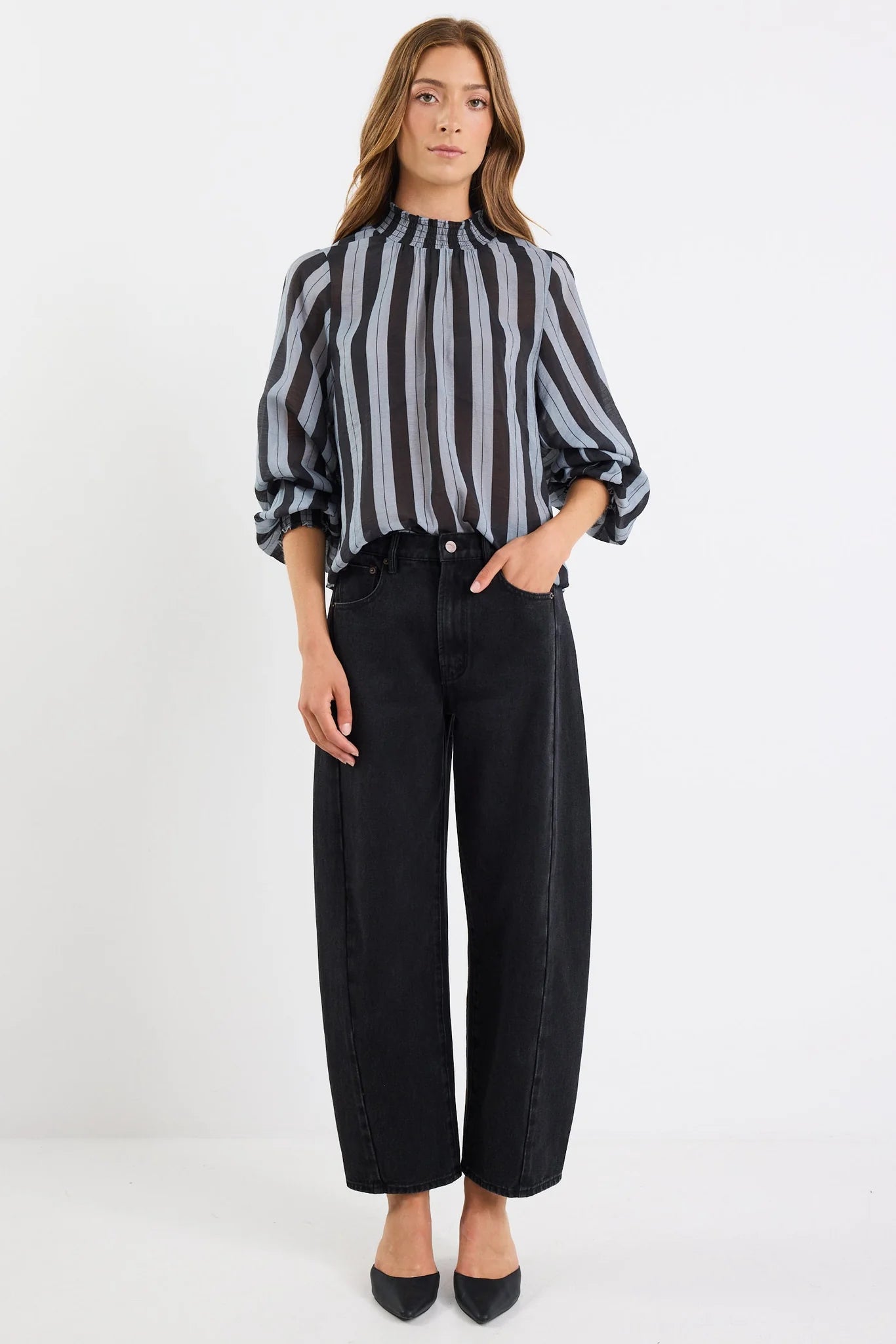 Embrace Gey Stripe Shirred Neck Top. Among the Brave