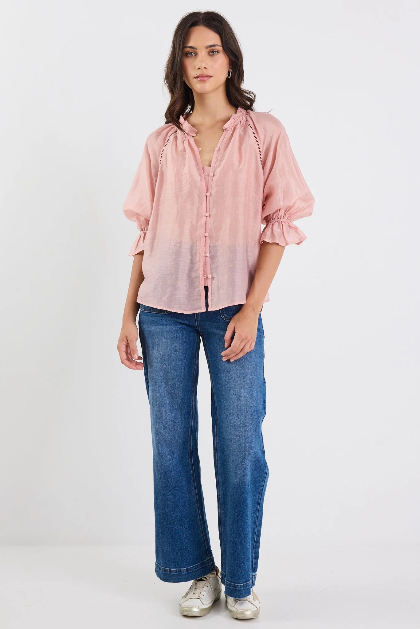 Encounter Blush Texture SS Gathered Button Top