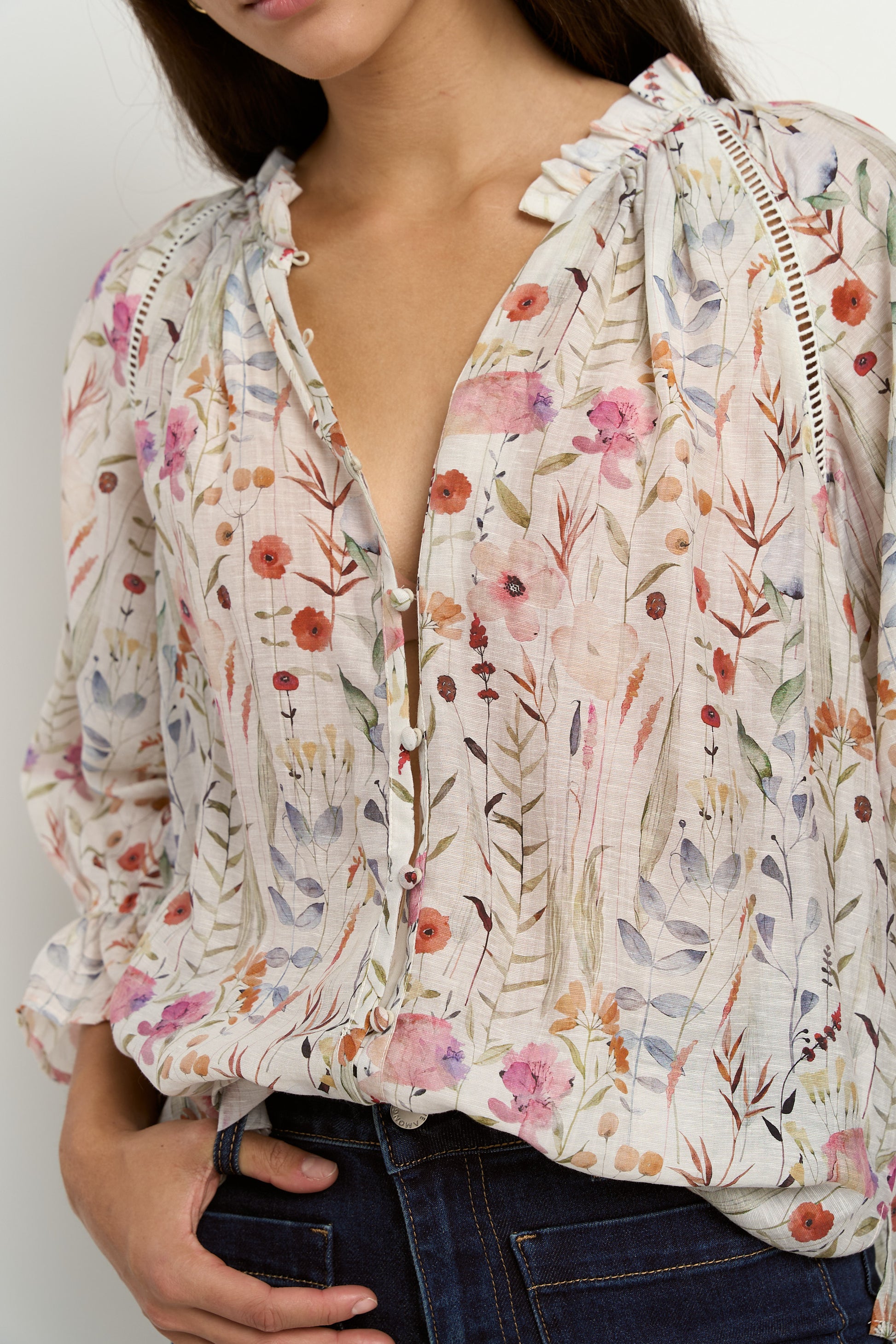 Encounter Cream Floral Gathered Button Front Top
