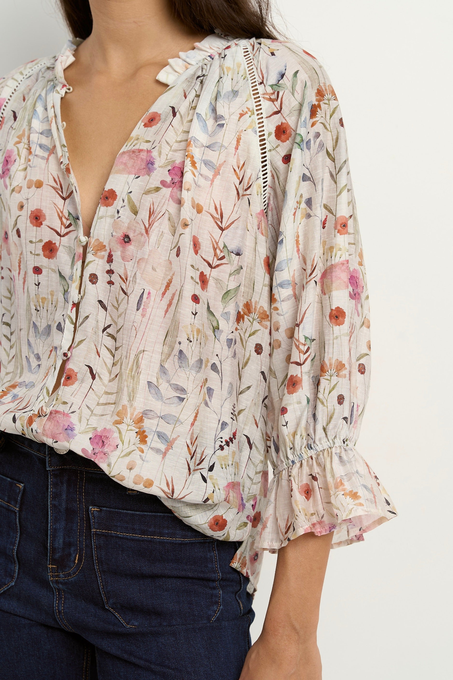 Encounter Cream Floral Gathered Button Front Top