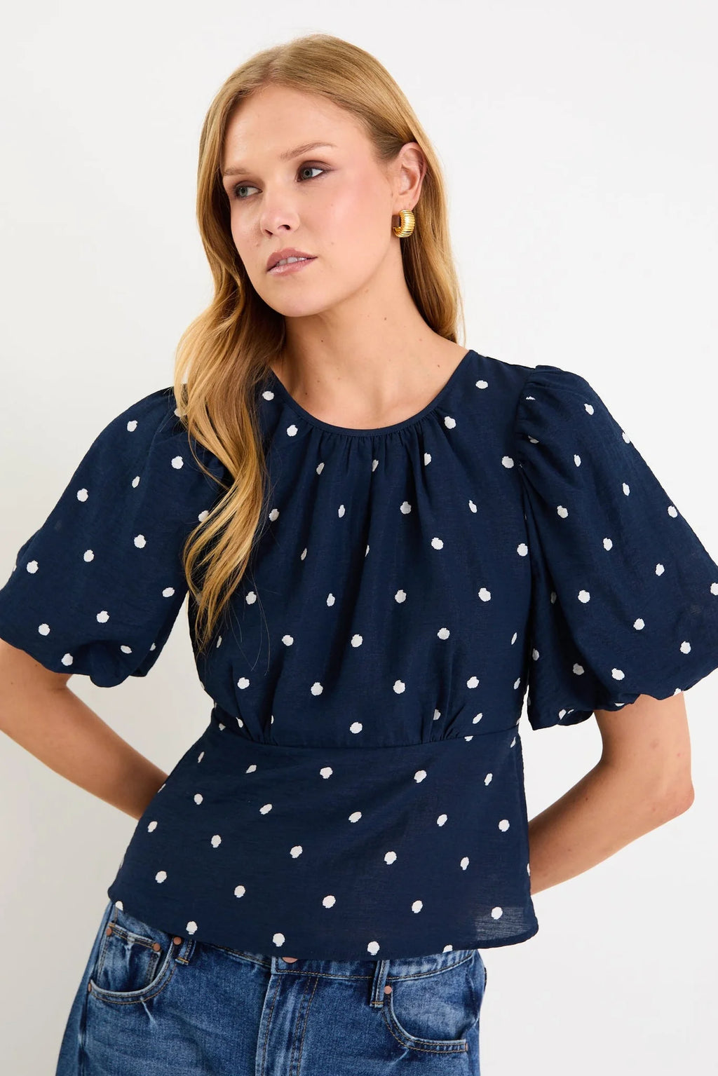 Finali Navy Polka dot Bubble Sleeve Top