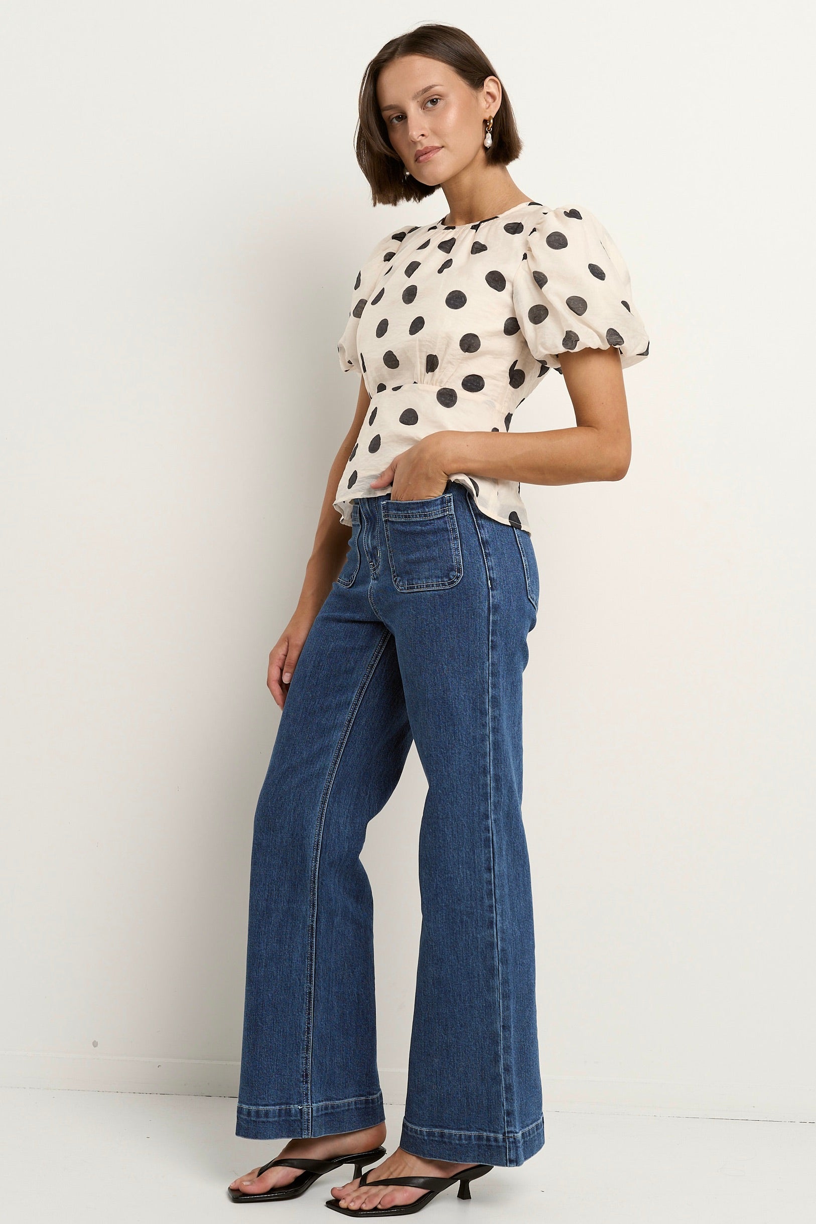 Finali cream black polka dot puff short sleeve top