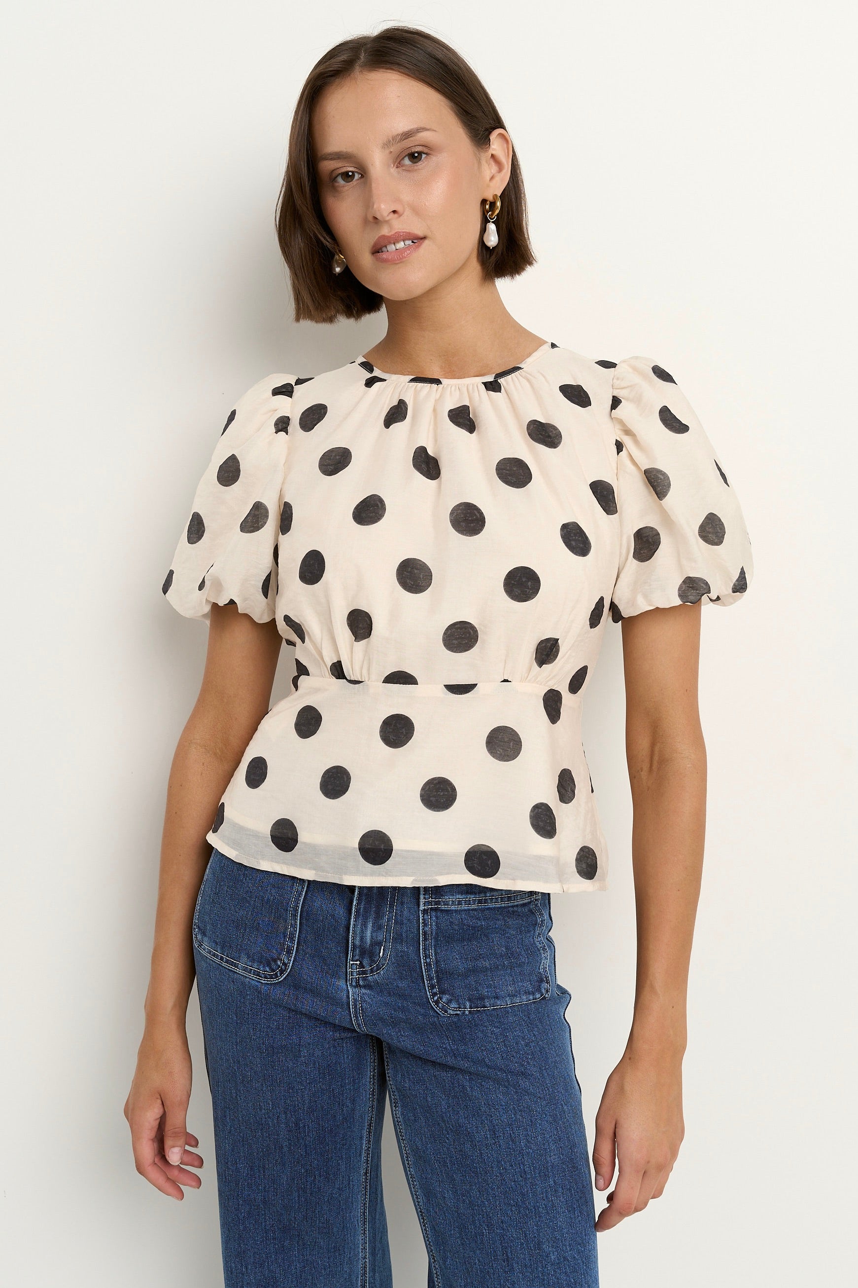 Finali cream black polka dot puff short sleeve top