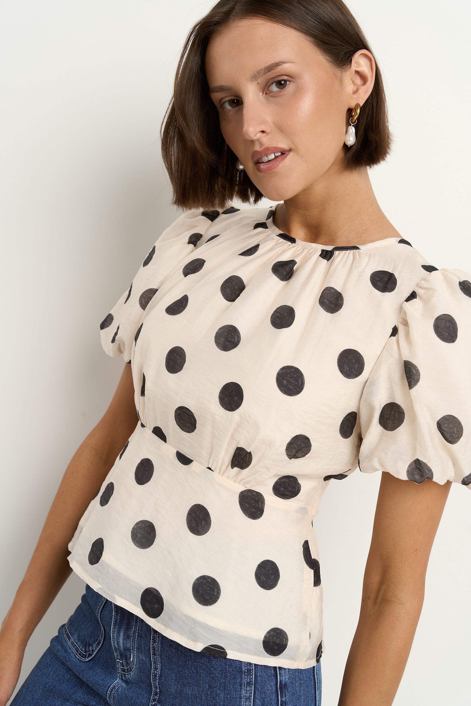 Finali cream black polka dot puff short sleeve top