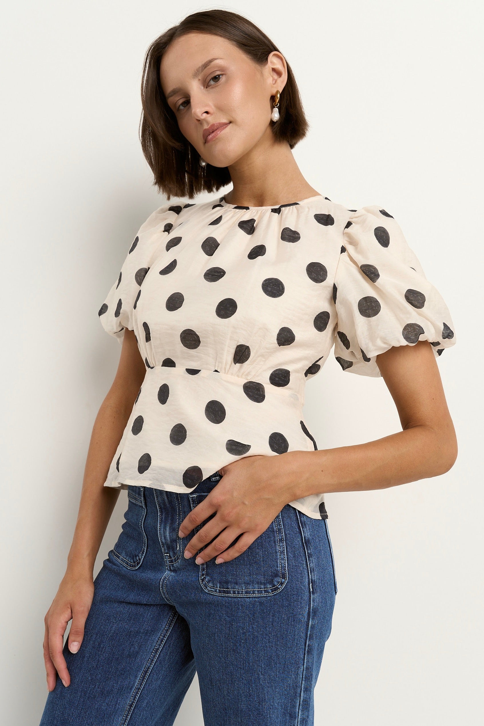 Finali cream black polka dot puff short sleeve top