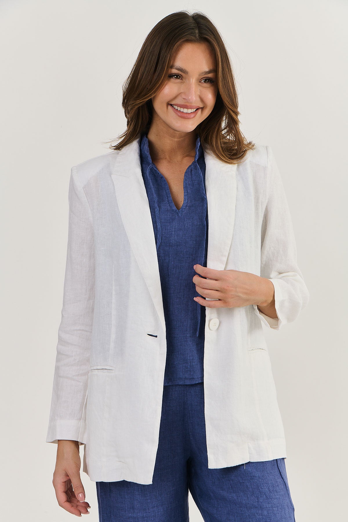 Long Linen Blazer in White