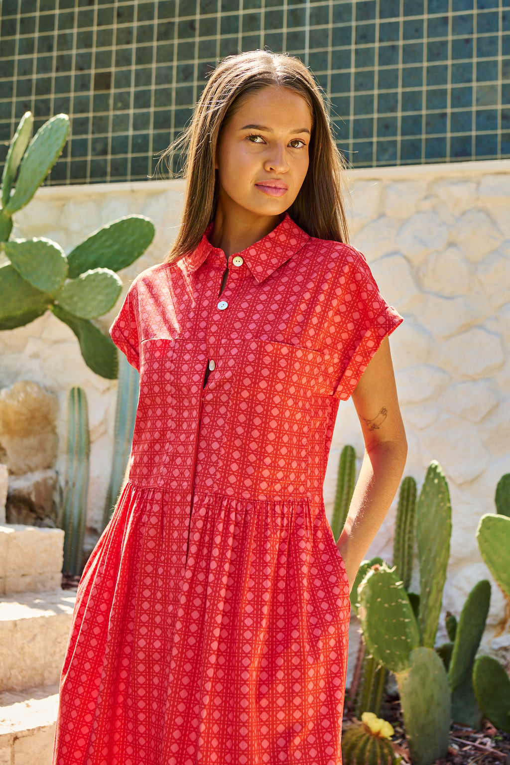 GA738 Cannage Poplin Dress - Naturals